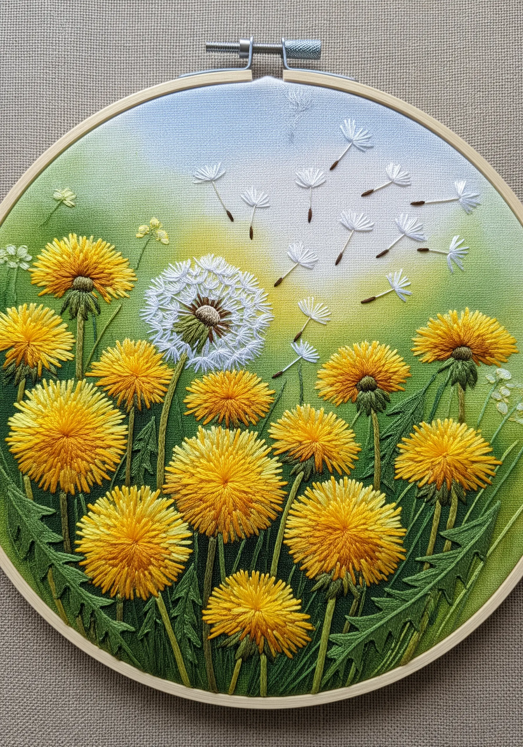 Embroidered dandelions with seeds blowing in the wind on a painted background.