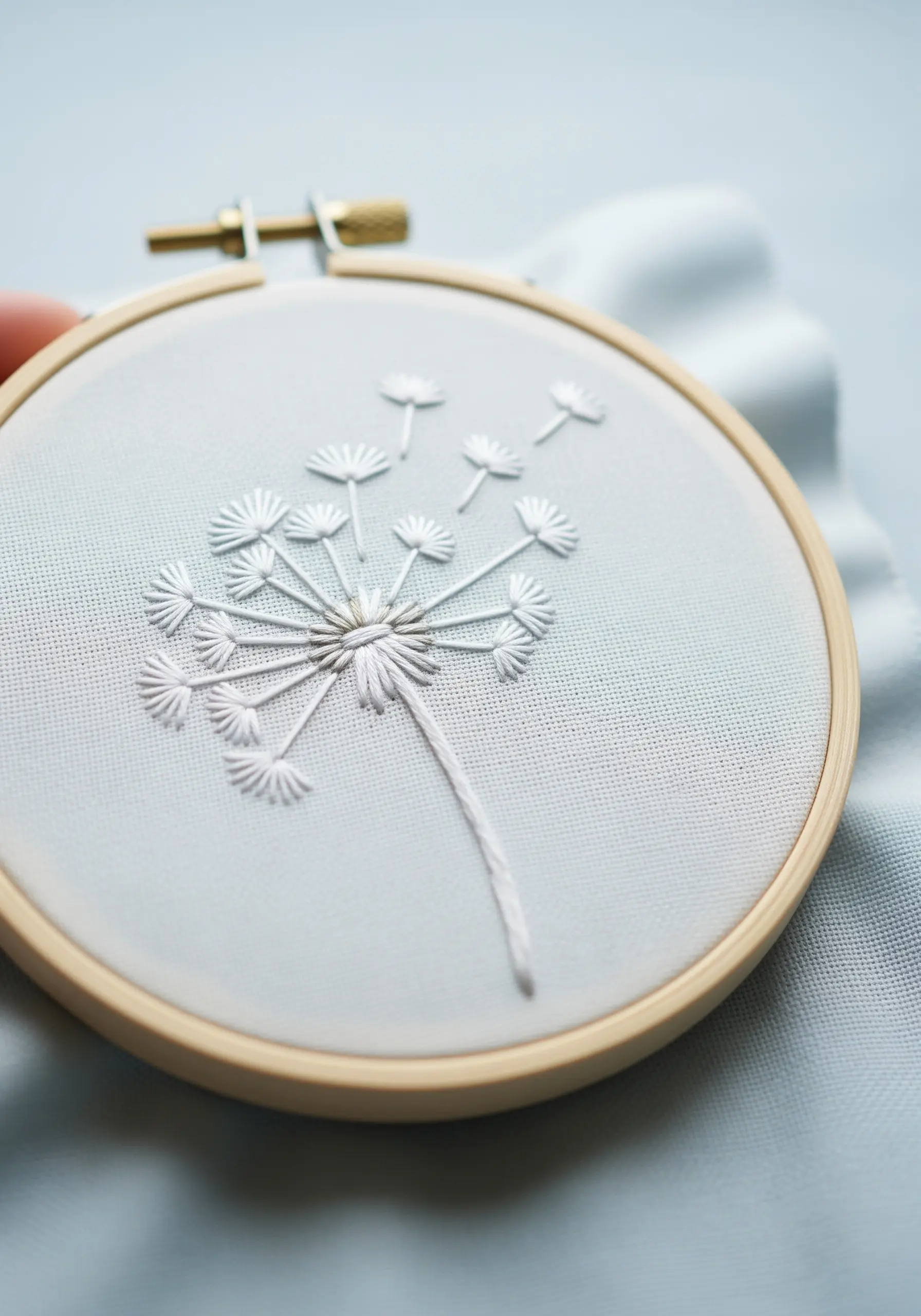 A delicate white-on-white embroidered dandelion head with seeds blowing away.