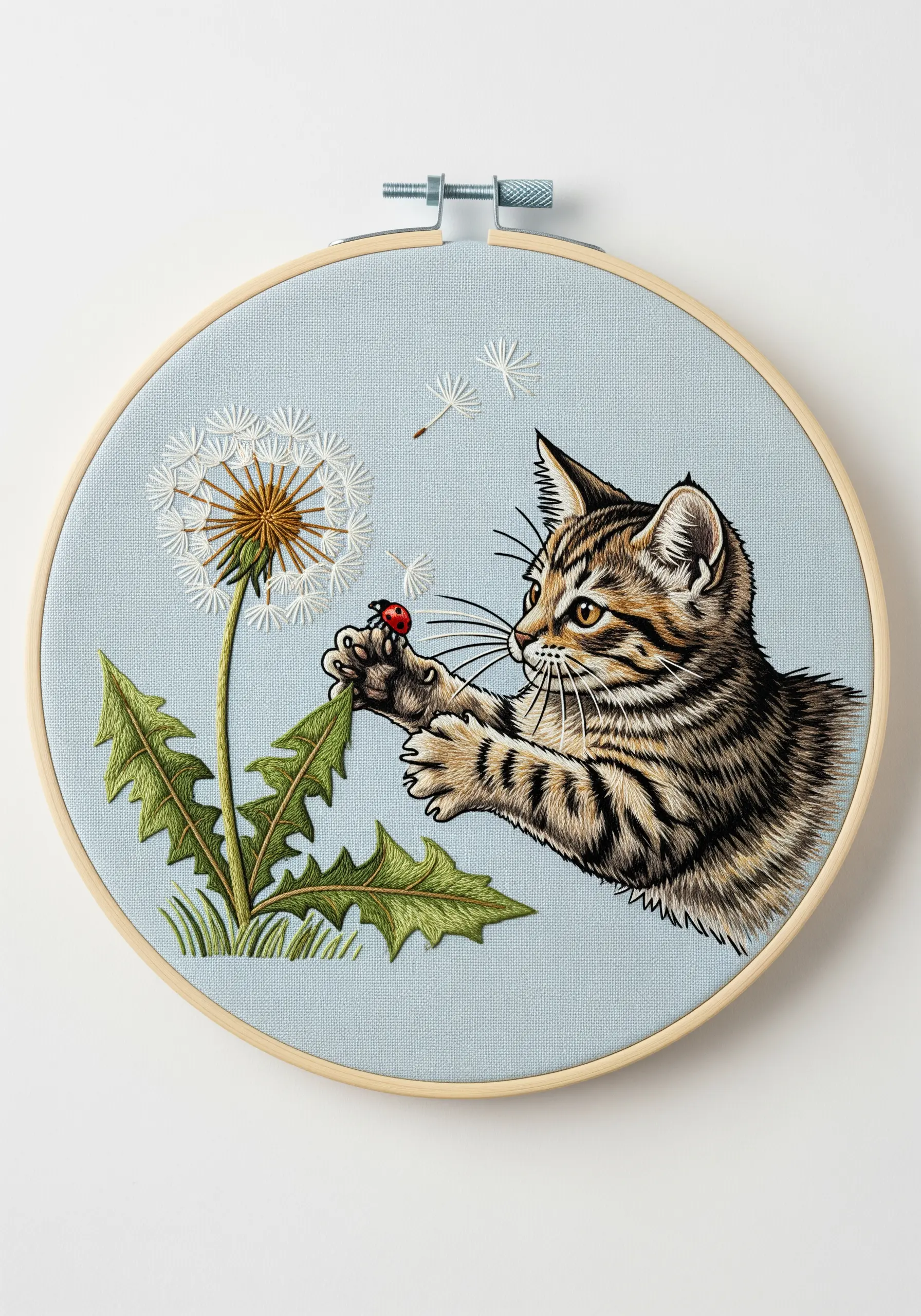 Embroidered kitten playfully touching a ladybug on a dandelion.