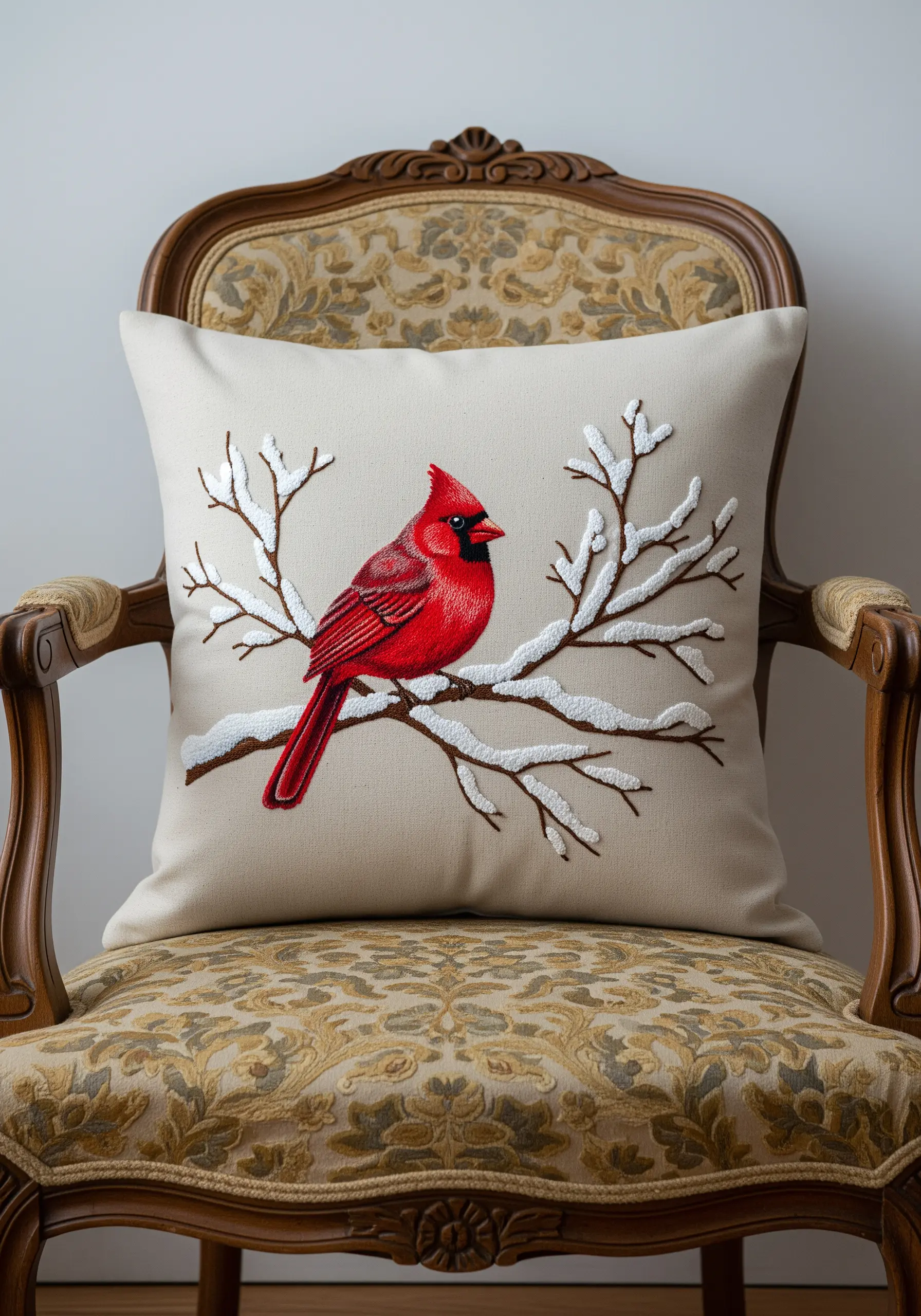 A vividly embroidered red cardinal perched on a snow-covered branch.