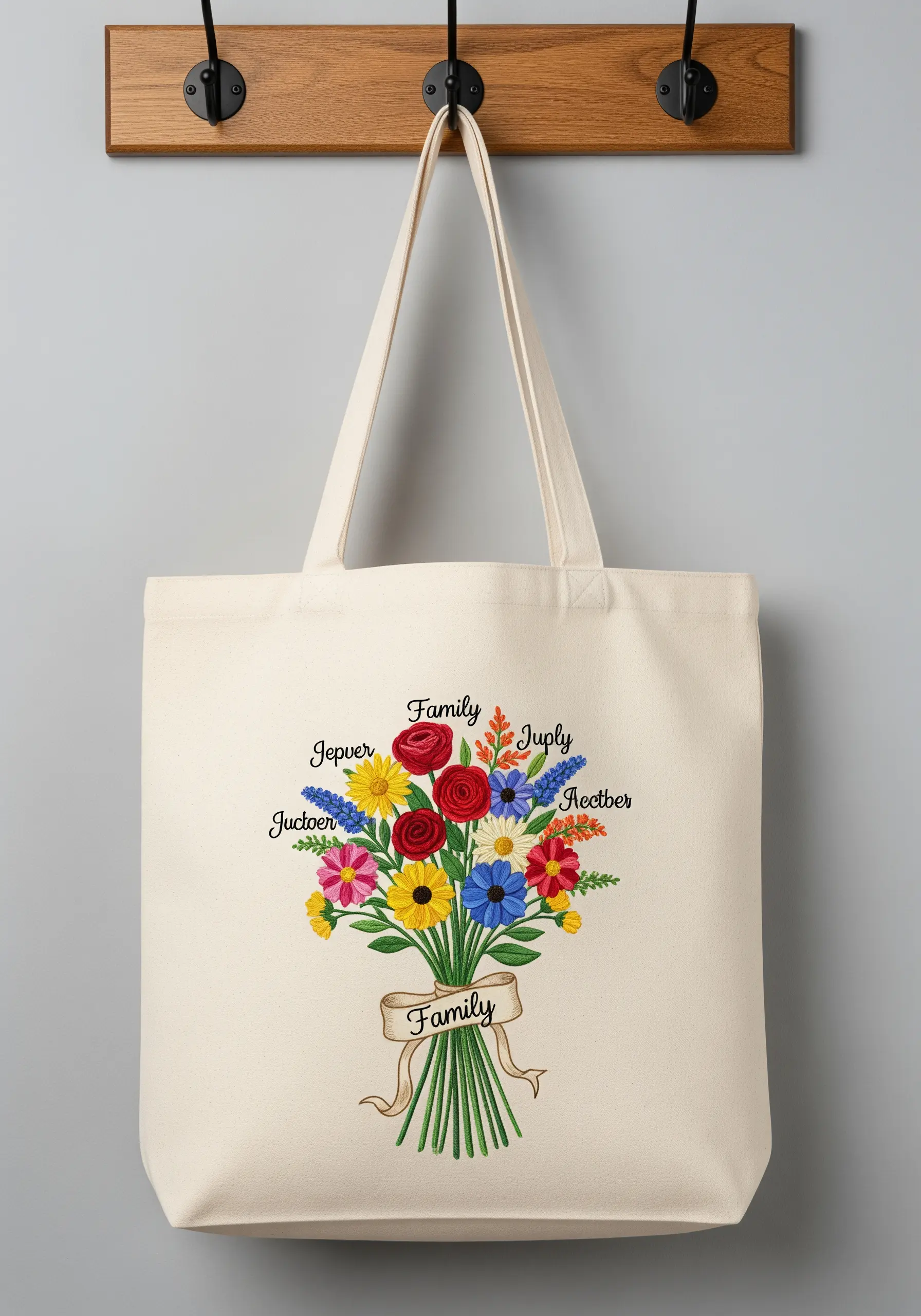 Embroidered tote bag with a bouquet of flowers and family names.