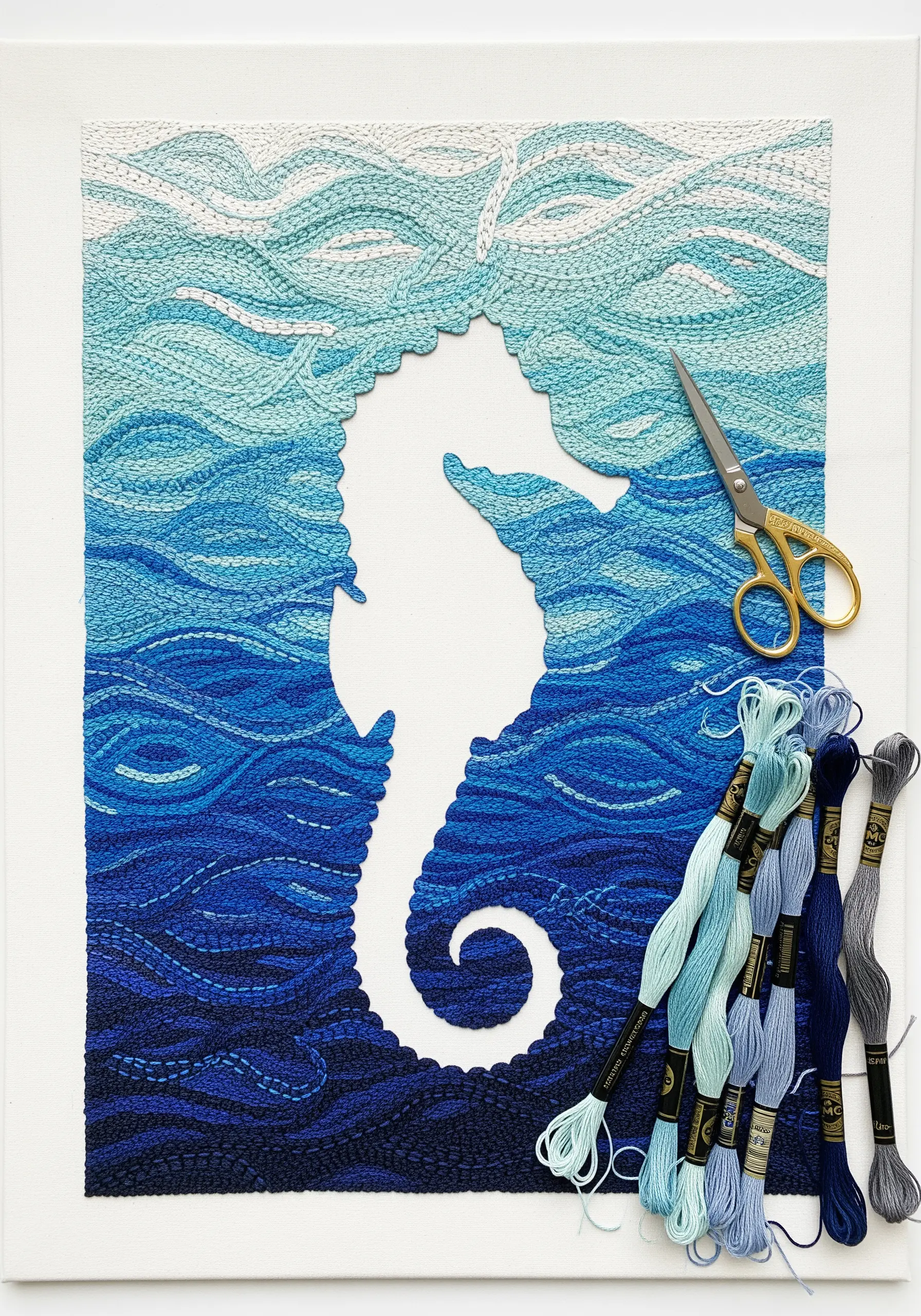 A seahorse silhouette in negative space, formed by surrounding blue stitches that mimic ocean waves.