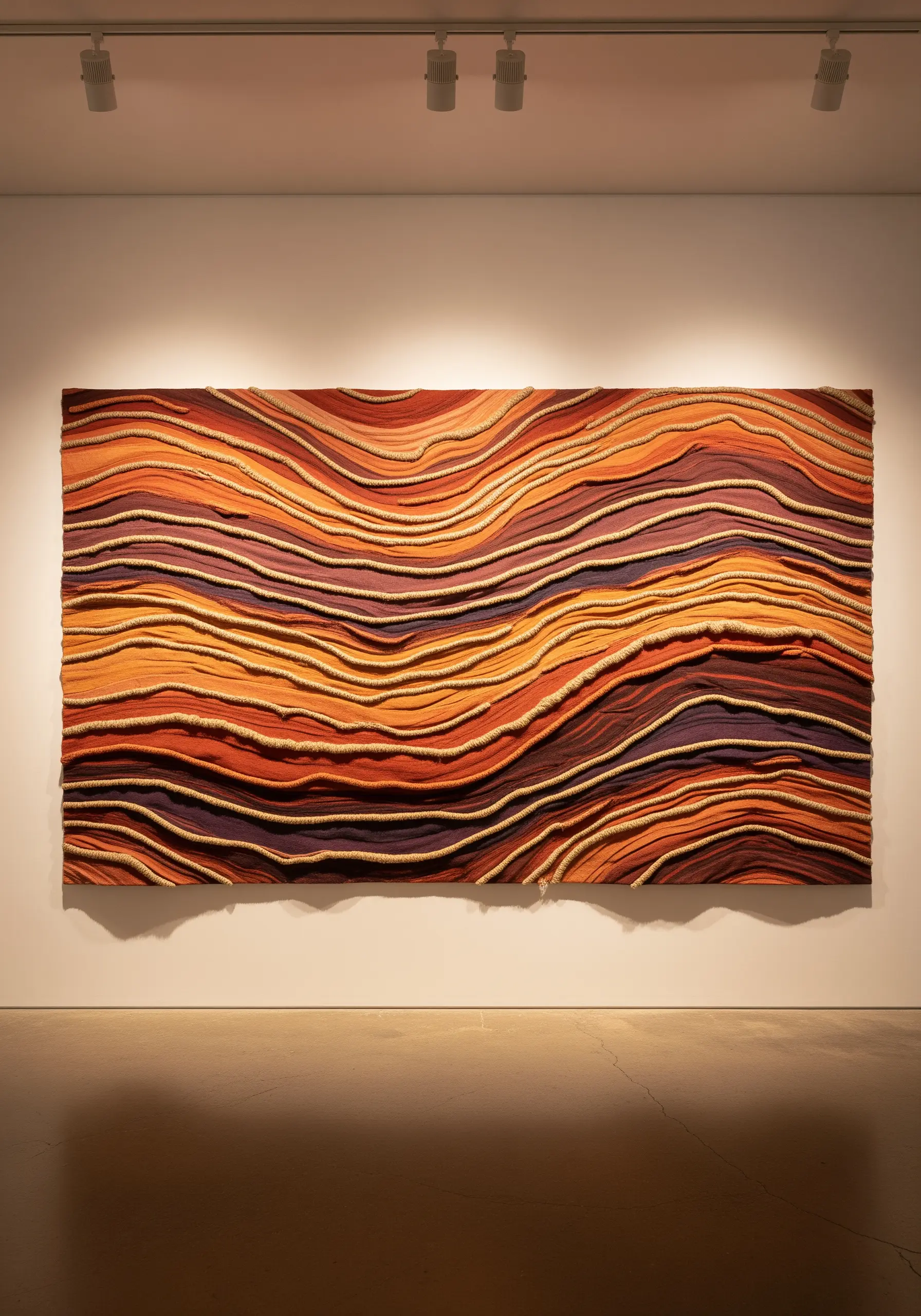 Large textile wall art with layered, wavy fabric strips in warm tones, outlined with yarn.