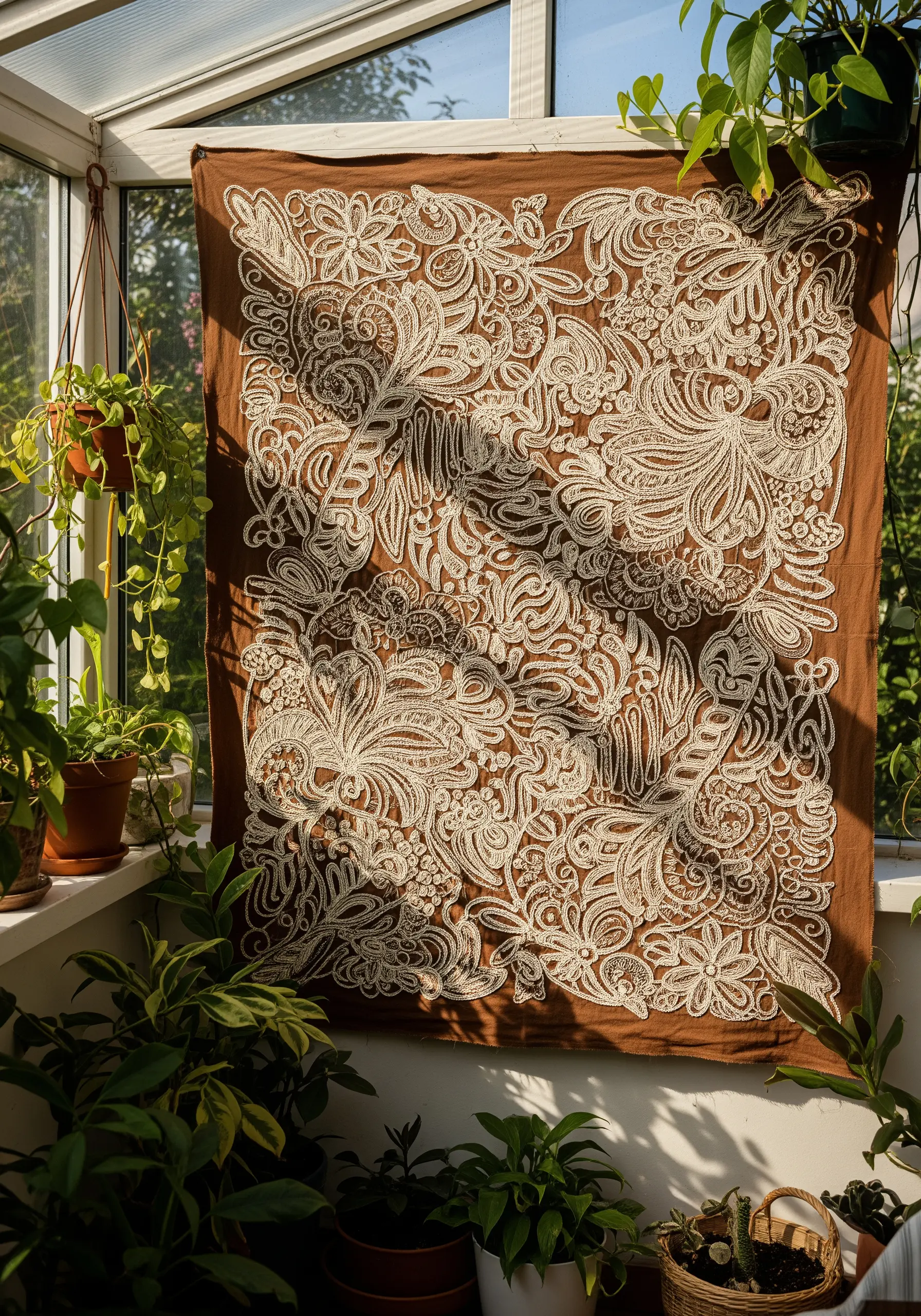 Intricate white cutwork embroidery with floral motifs, creating a lace-like effect on brown fabric.