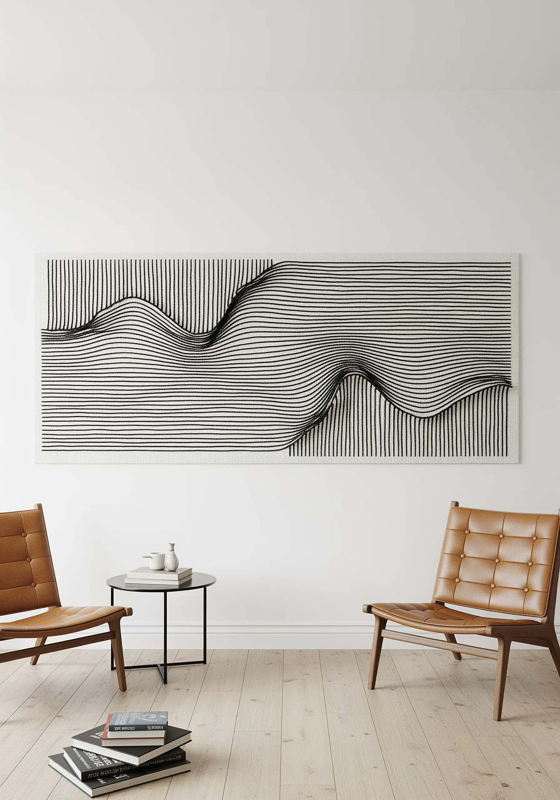 A large black-and-white textile artwork with vertical lines creating an optical illusion of waves.