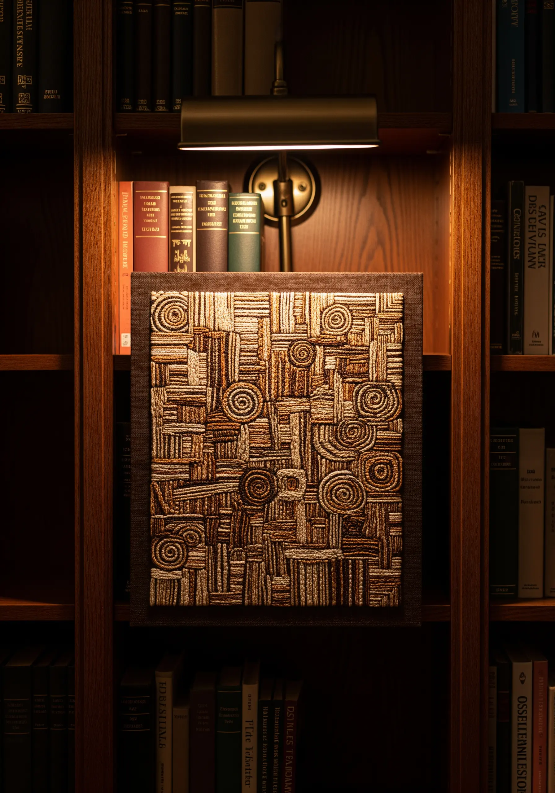 A densely textured embroidery piece with brown and bronze tones and swirling couched lines.