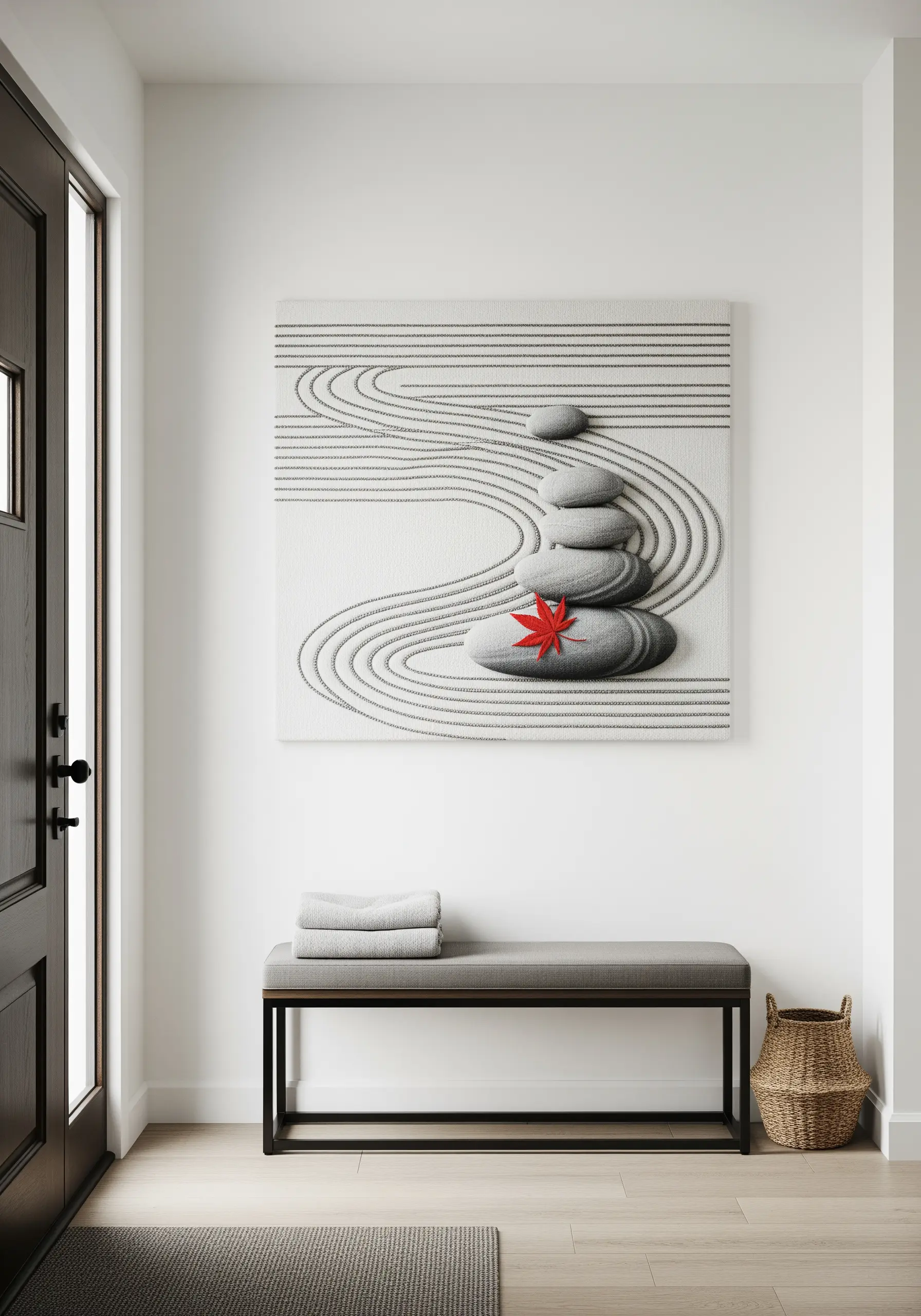 Minimalist 3D embroidery of a zen garden with stacked stones and raked lines