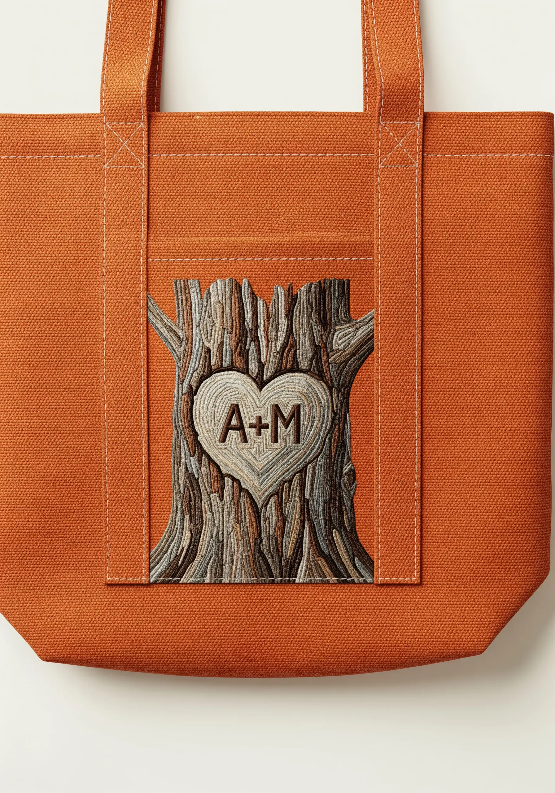 Embroidered tree trunk with a heart and initials carved into it, on an orange canvas tote pocket.