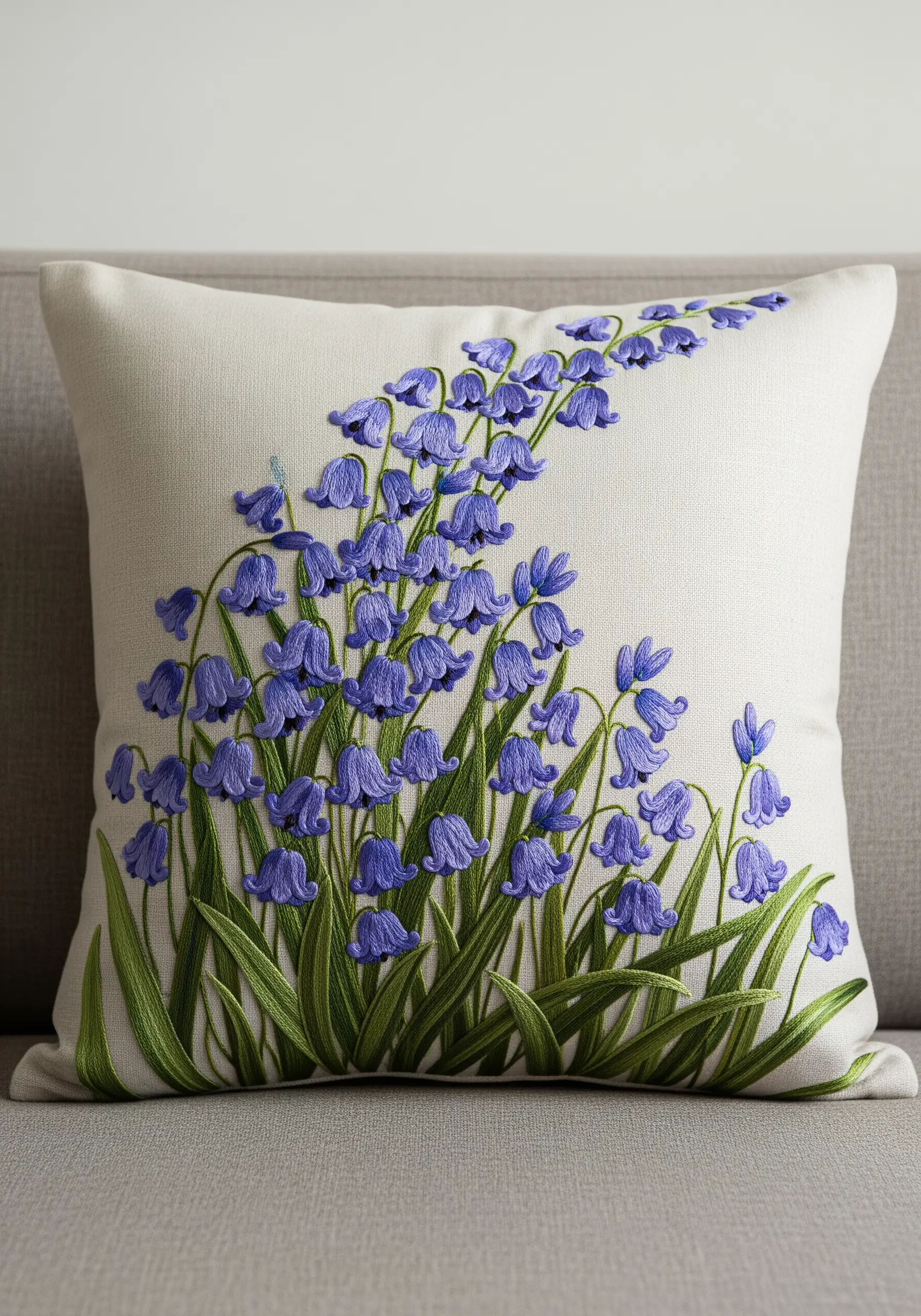 A cascade of embroidered bluebell flowers on a light gray linen throw pillow.