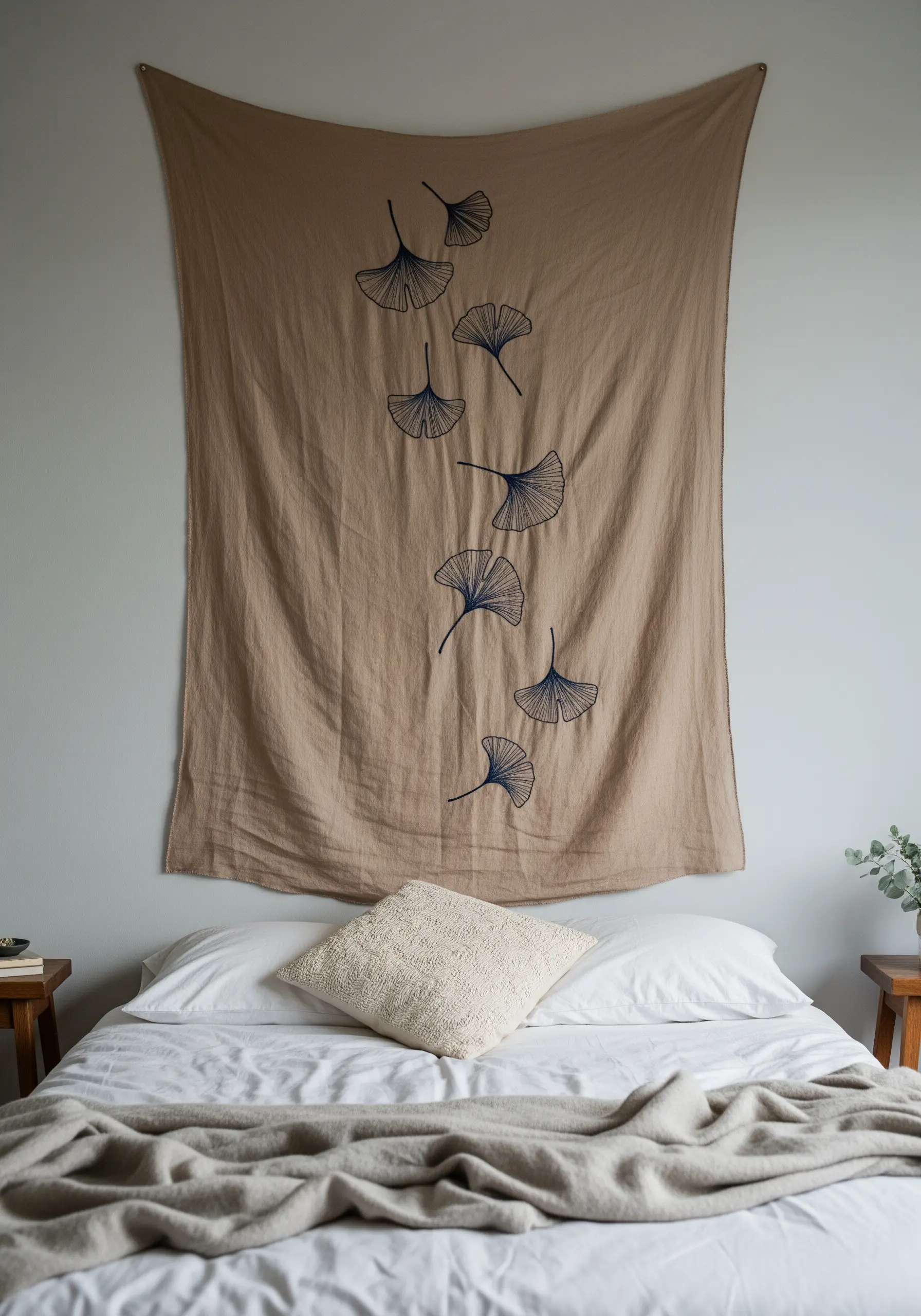 Dark blue ginkgo leaf outlines embroidered in a cascading pattern down a tan linen wall hanging.