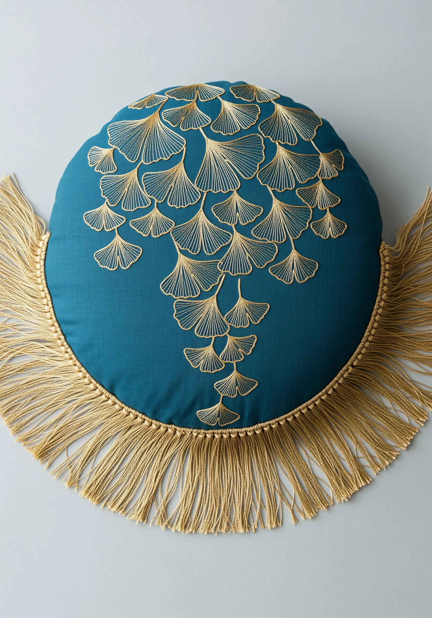 Gold metallic thread embroidery of cascading ginkgo leaves on a round teal pillow.
