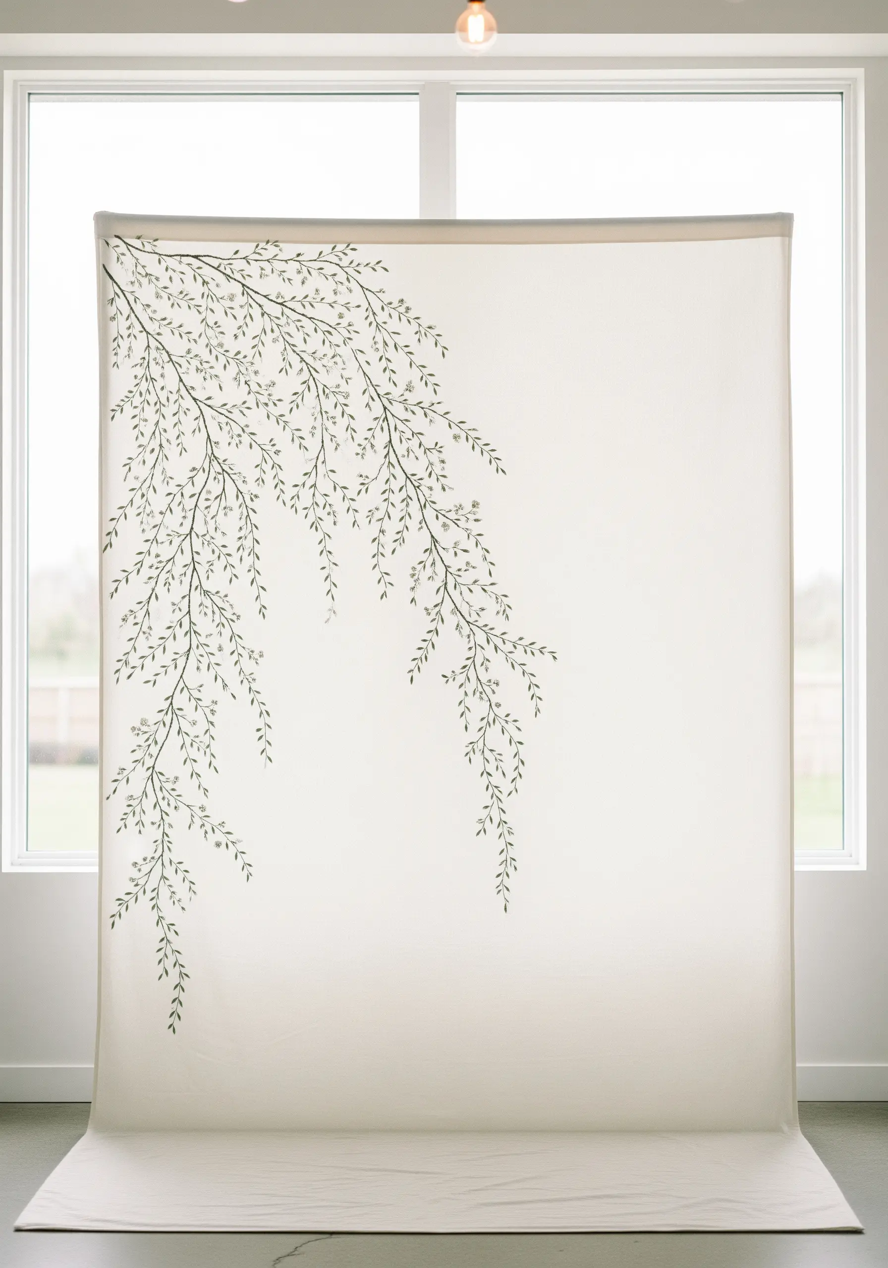 Delicate green branches with tiny leaves embroidered in the top corner of a sheer backdrop.