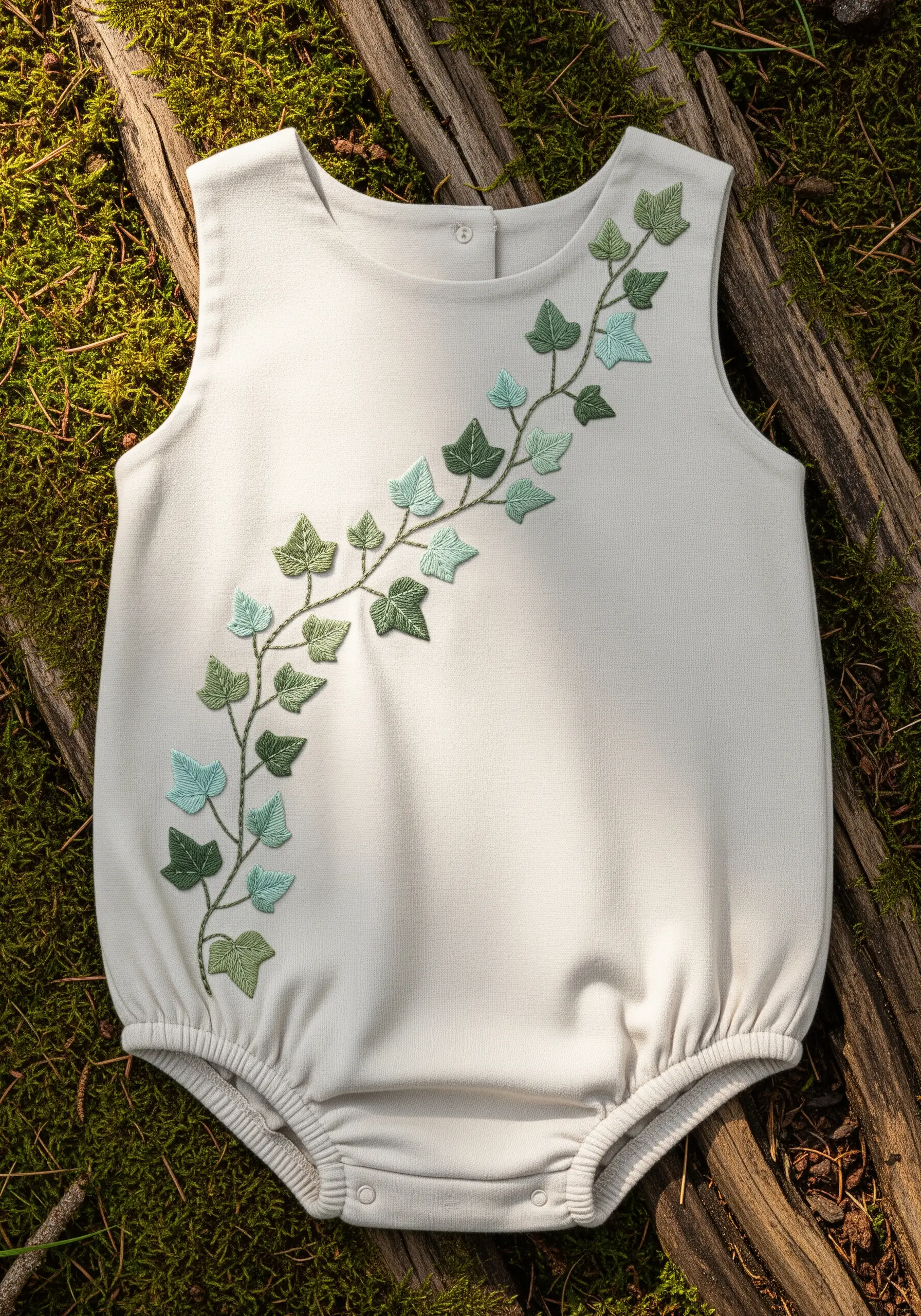 Diagonal ivy vine embroidery in shades of green and aqua on a light grey baby onesie.