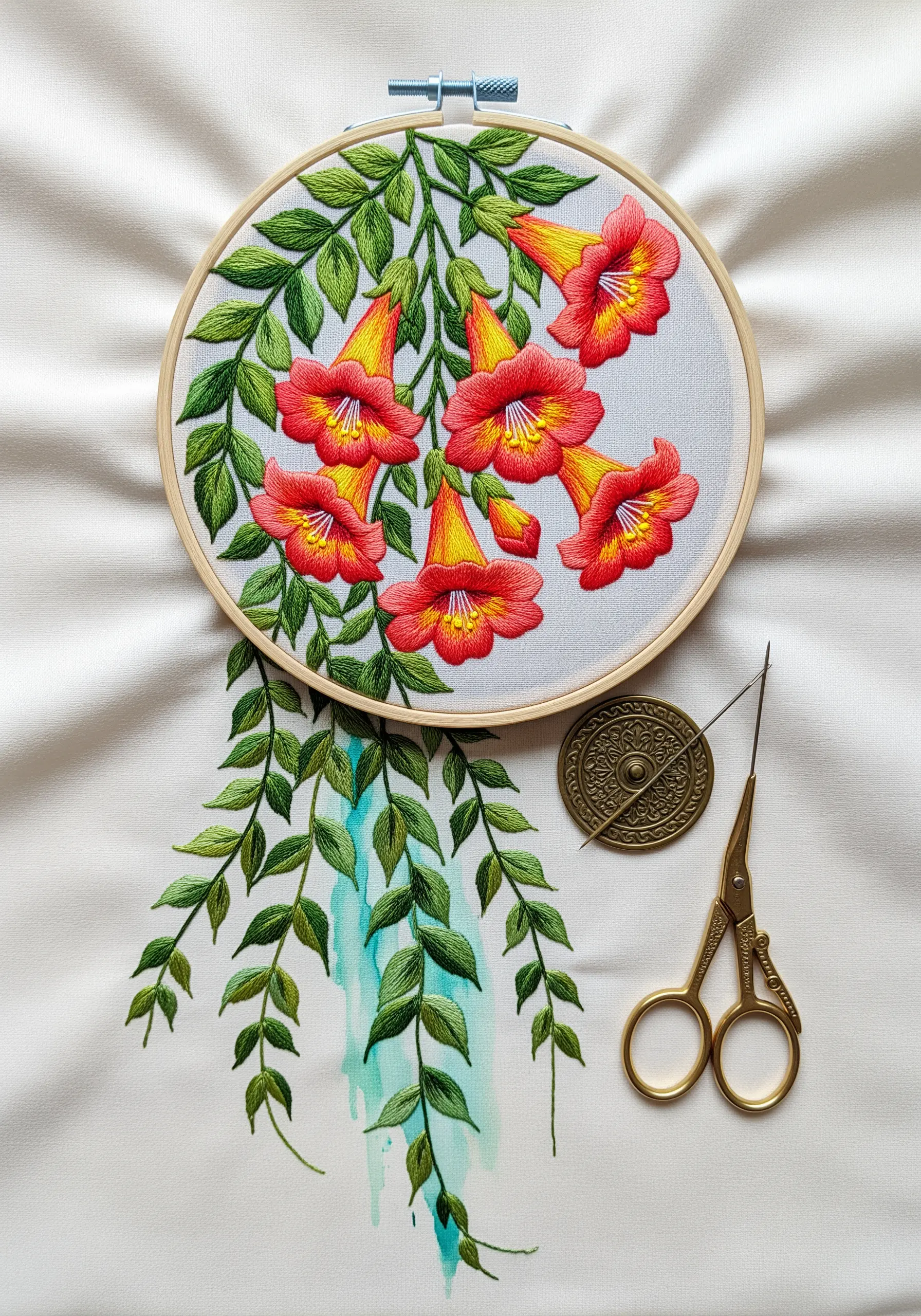 Embroidered trumpet vine with a trailing watercolor drip effect in turquoise.