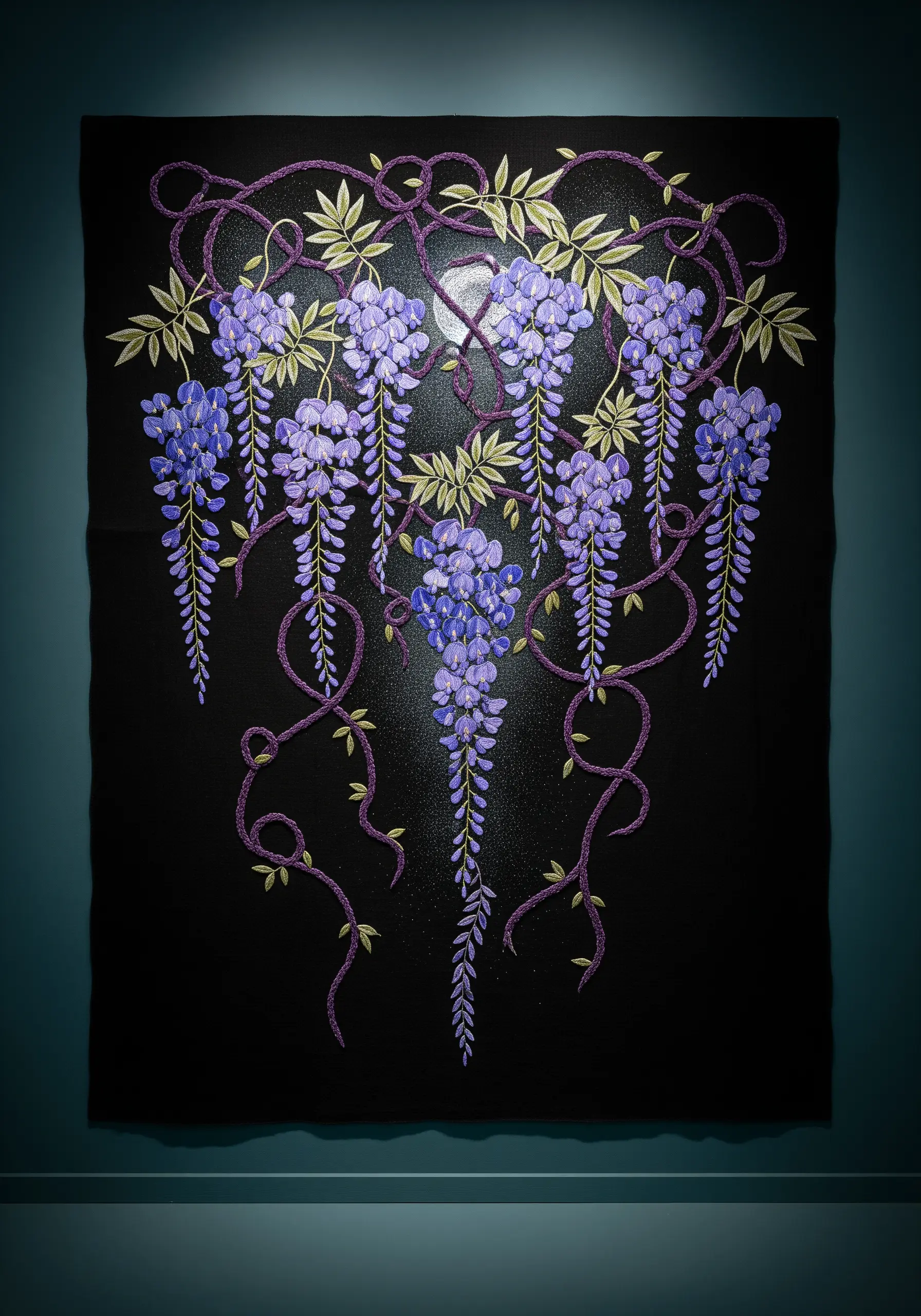 Embroidered purple wisteria with 3D vines on black fabric.