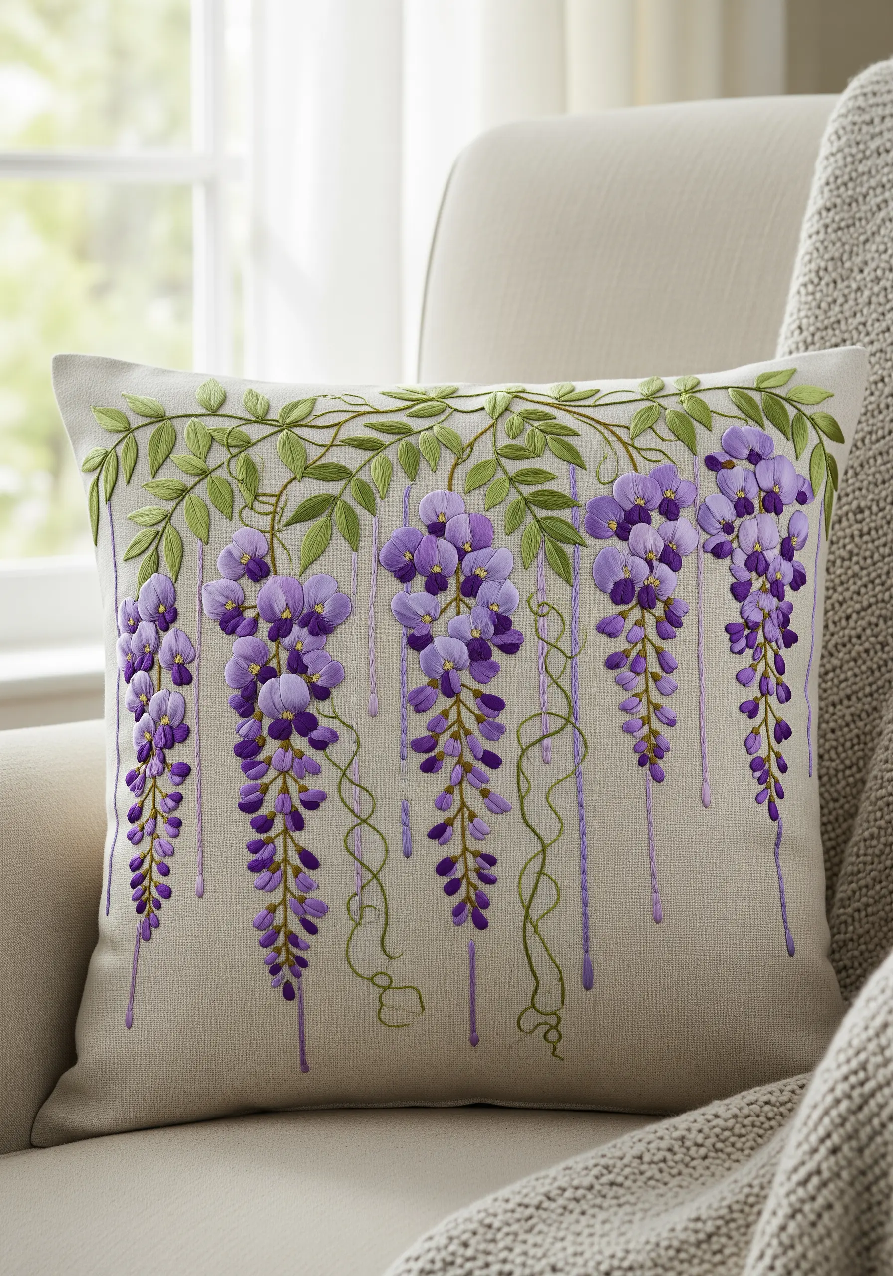 Wisteria embroidery on a cushion using purple silk ribbon and green thread.