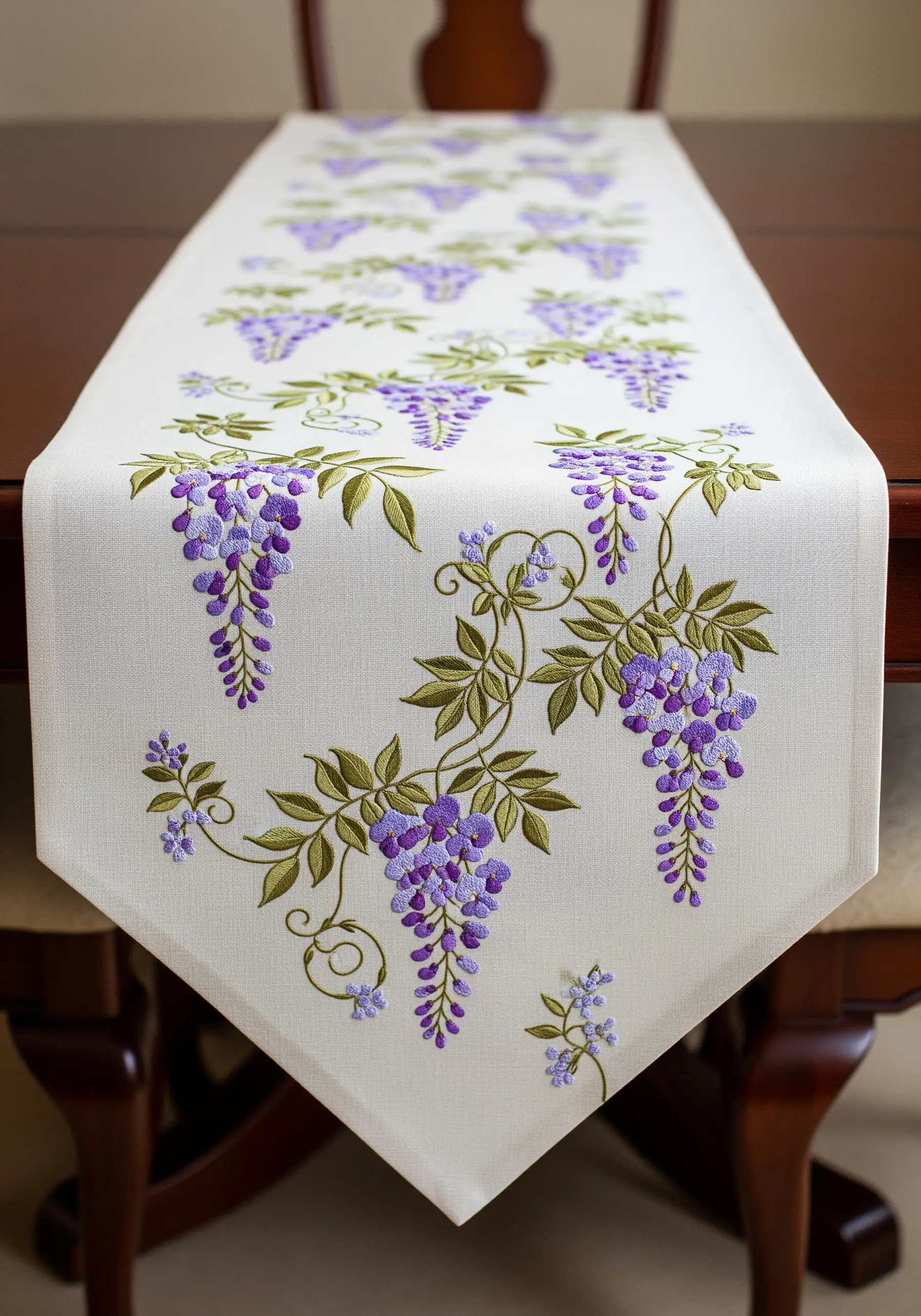 Embroidered purple wisteria blossoms cascading down the end of a white table runner.