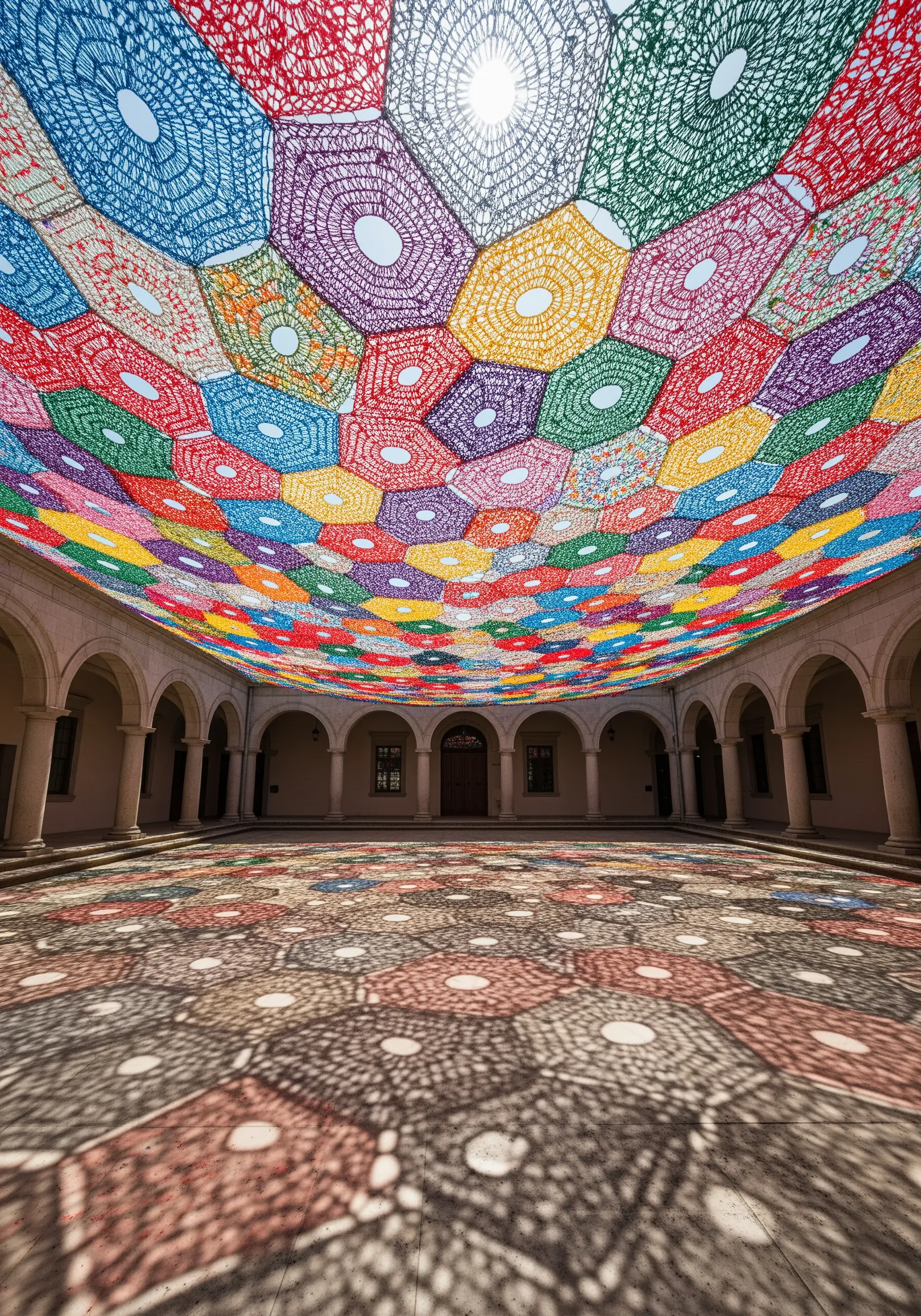 A colorful, crocheted honeycomb-patterned canopy stretched over a courtyard, casting intricate shadows.