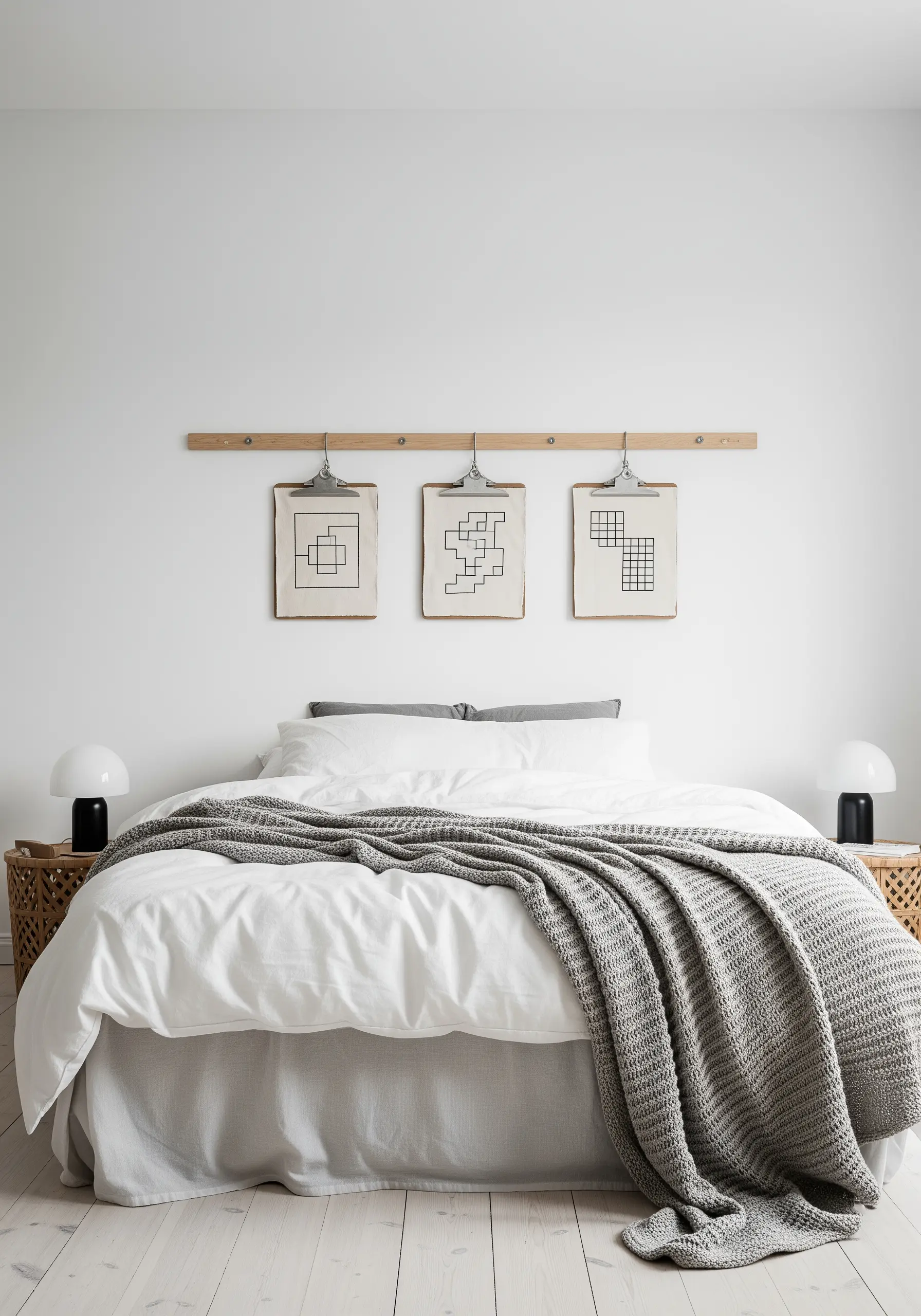 Three wooden clipboards holding geometric blackwork embroidery on canvas