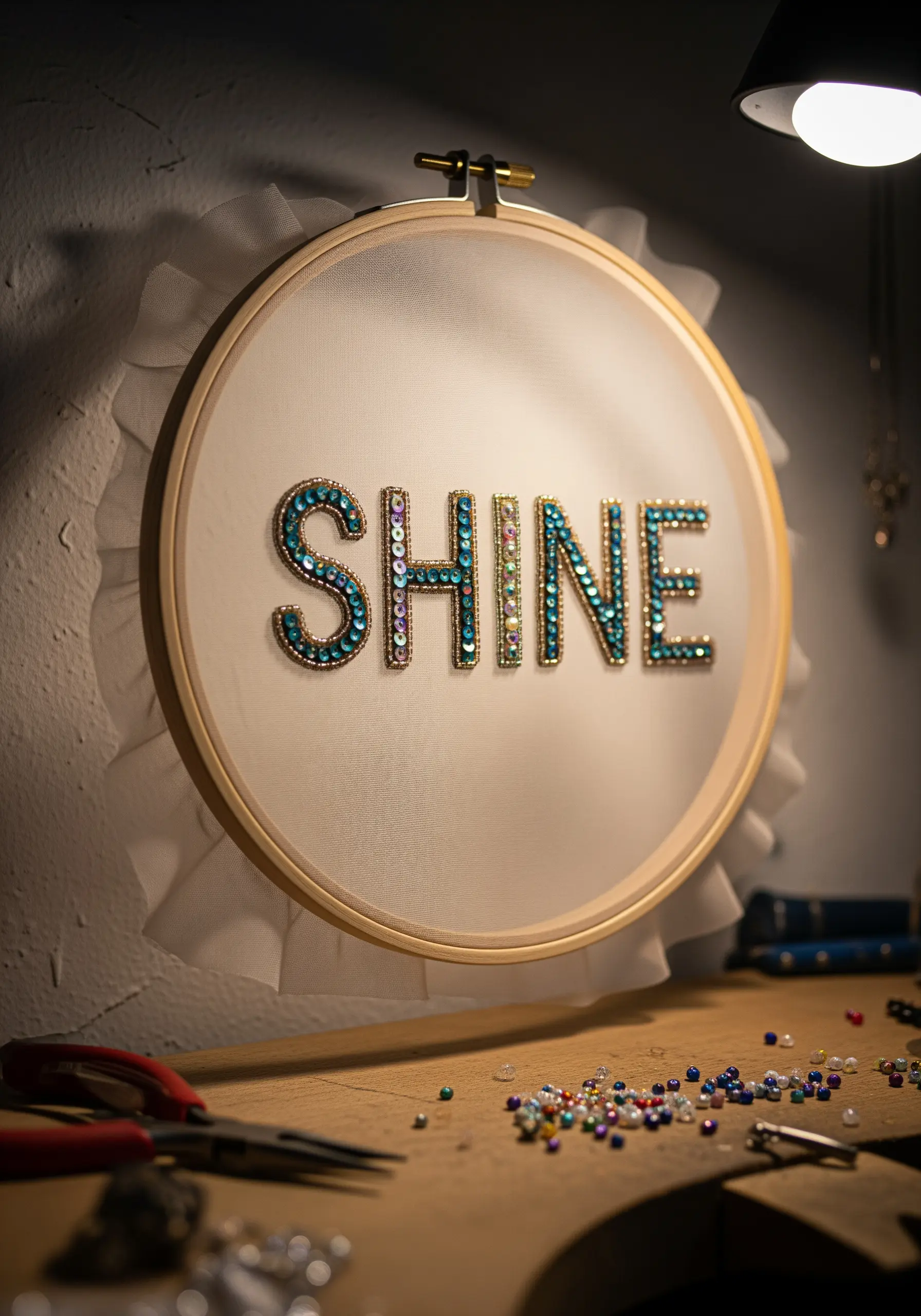 Word SHINE embroidered with teal and gold sequins in a hoop