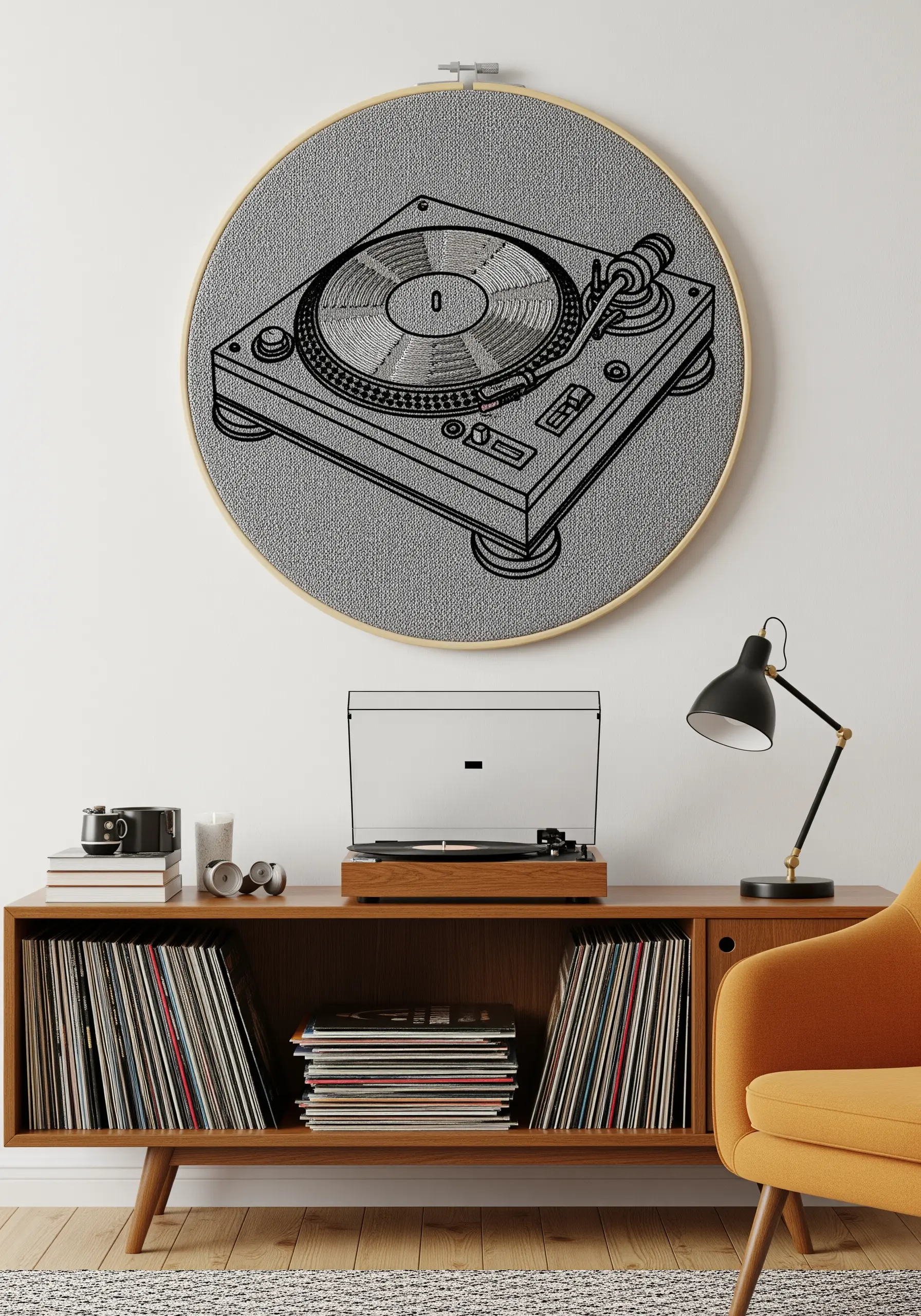 A large, detailed line-art embroidery of a turntable on gray fabric in a hoop.