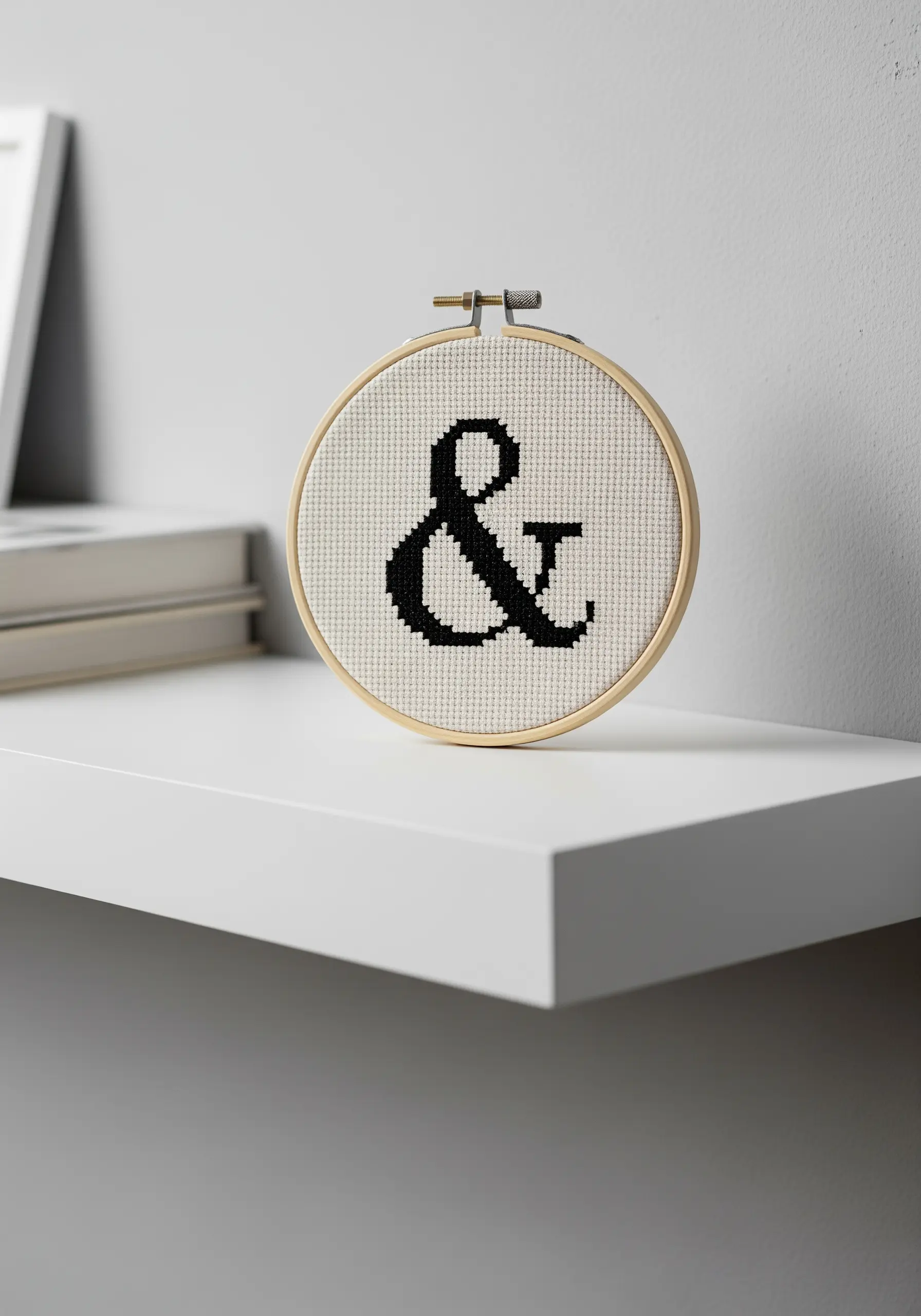 A simple black ampersand symbol cross-stitched in a small hoop on a white shelf.