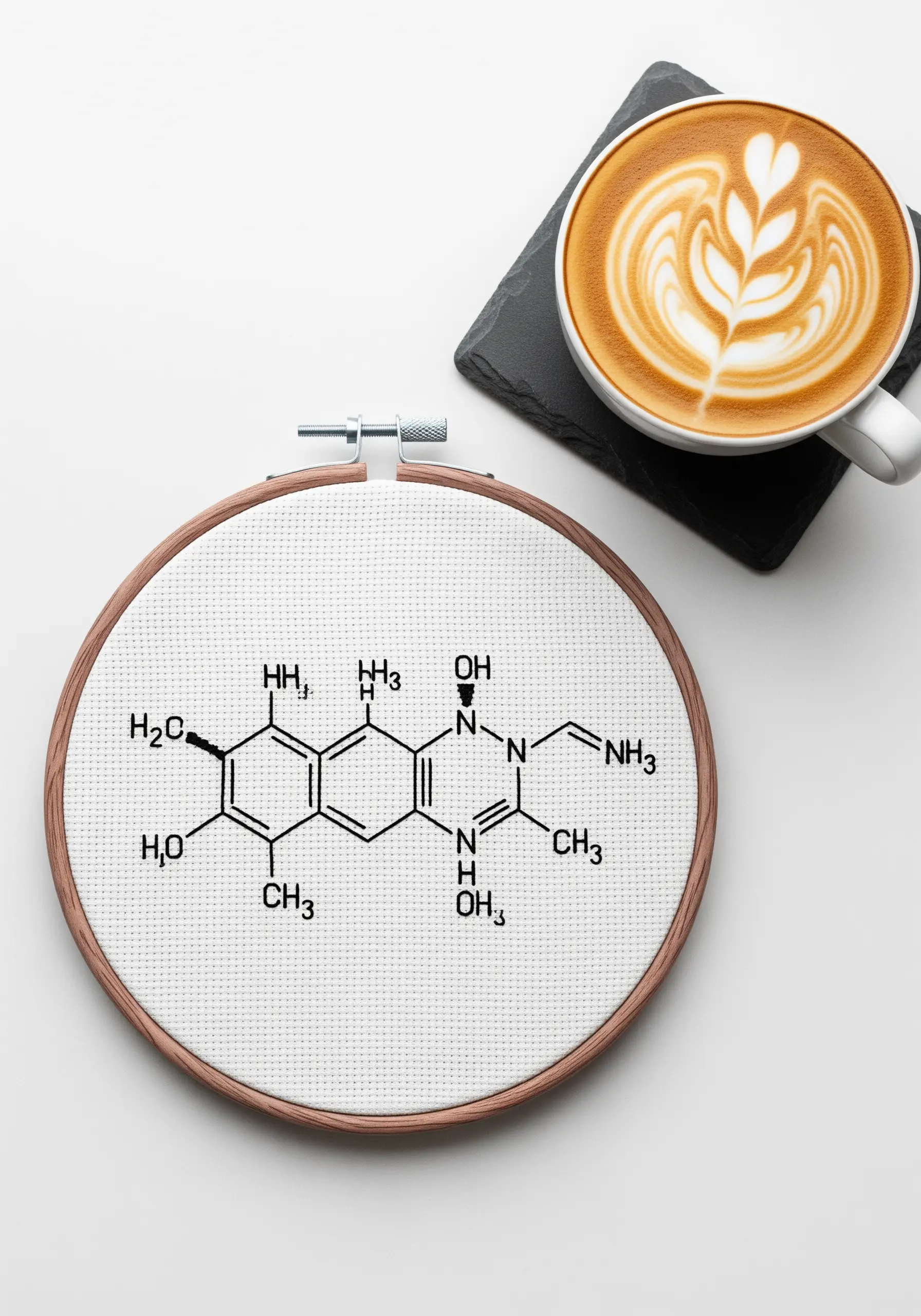 A cross-stitch of a complex black and white chemical structure inside a wooden hoop.