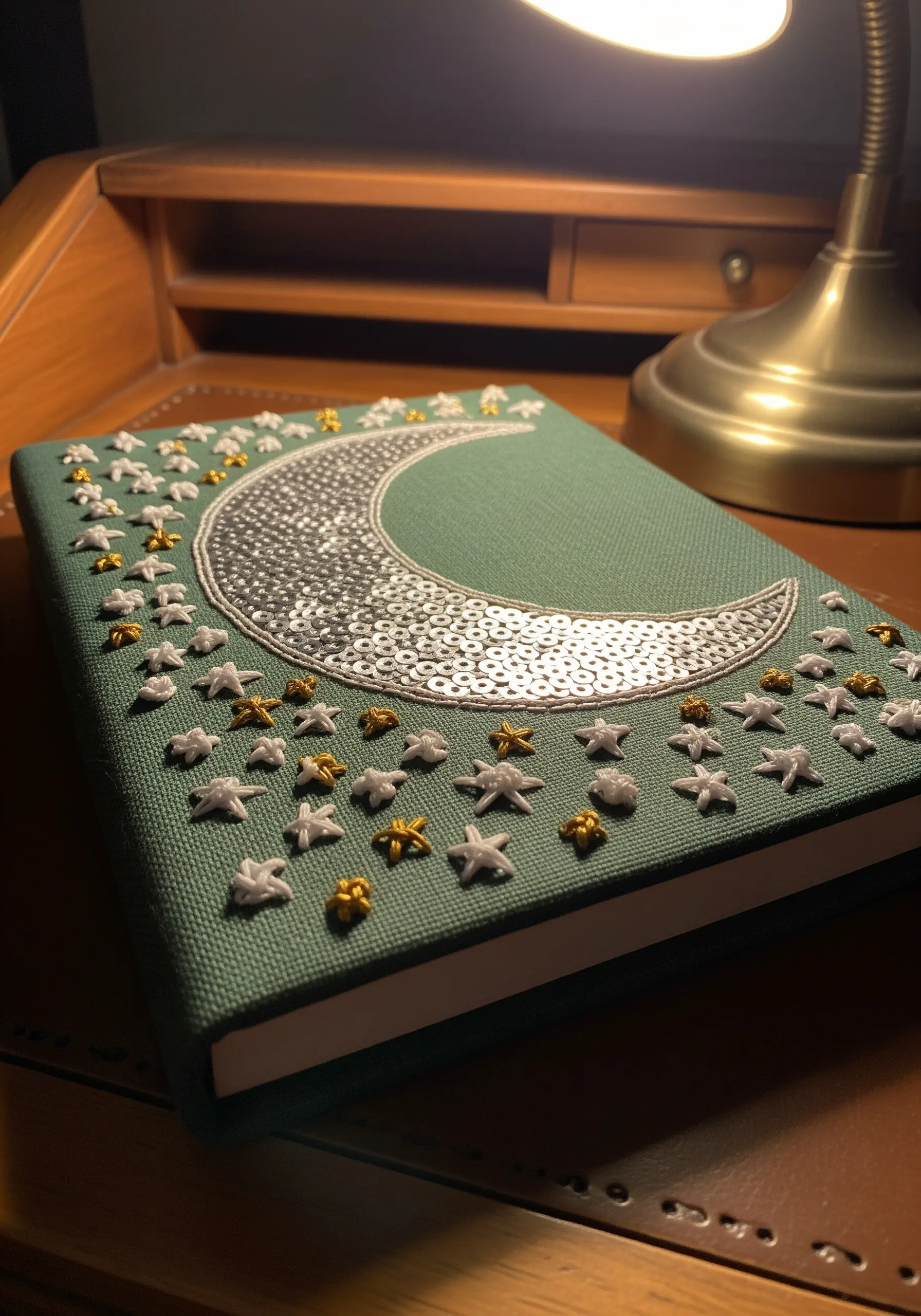 Green journal cover embellished with a sequin moon and embroidered gold and white stars.