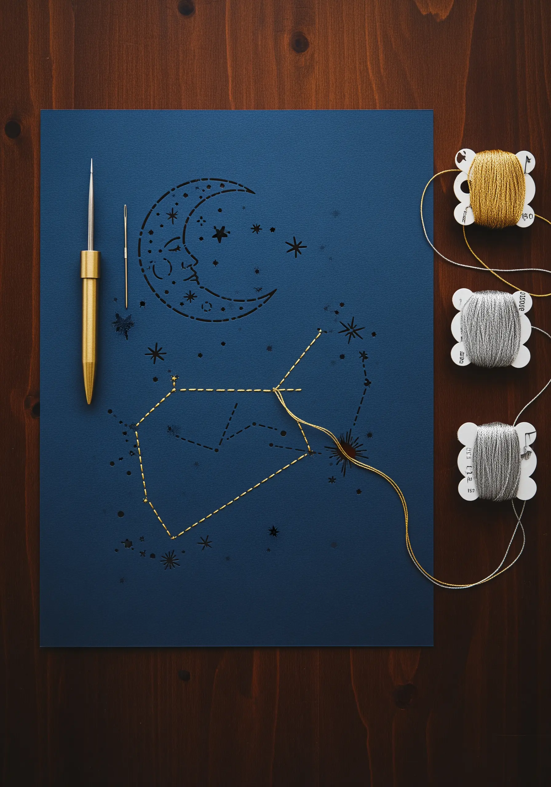 Gold and silver thread stitched on dark blue paper in a celestial moon and constellation pattern.