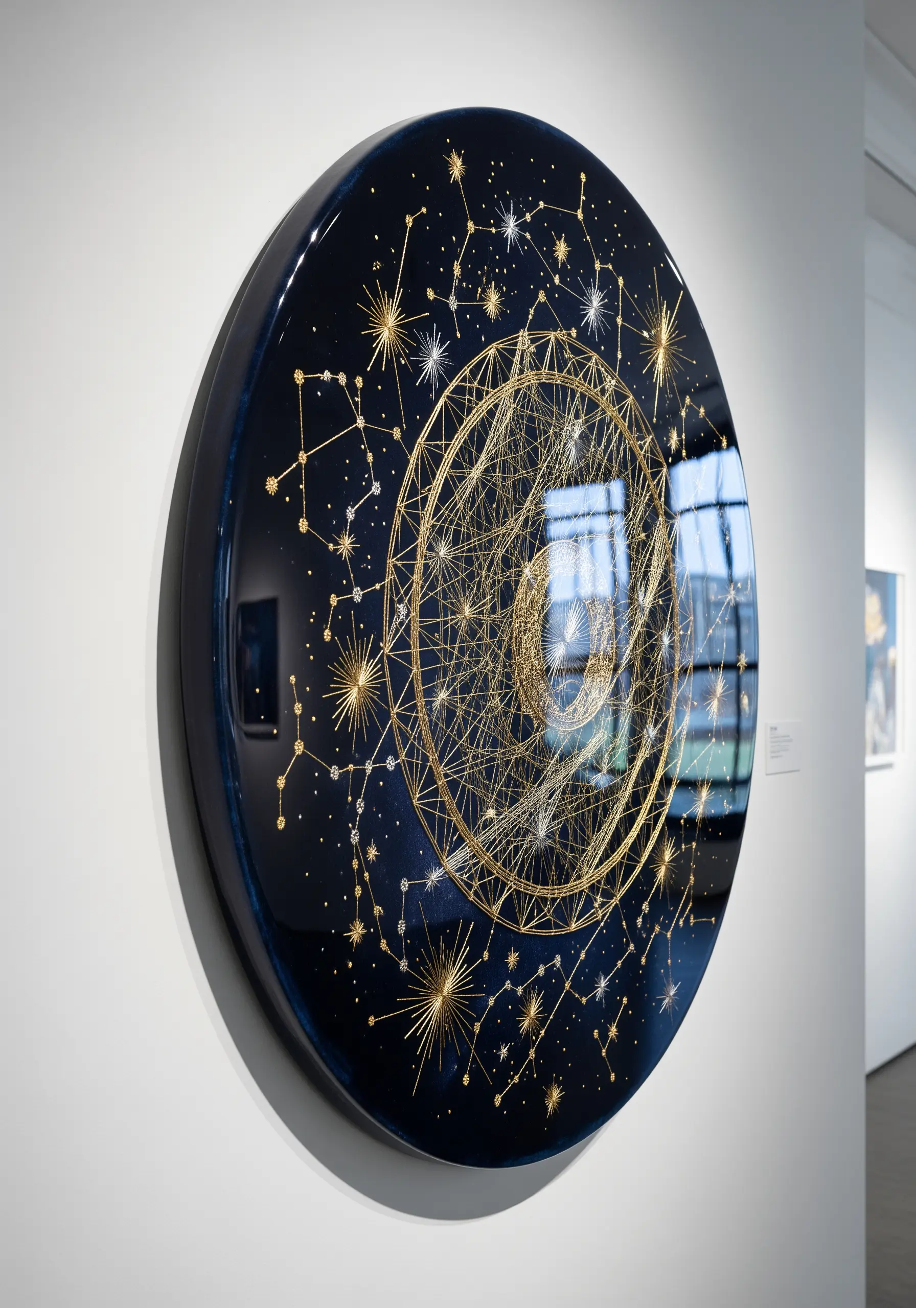 Gold and silver thread constellations on a dark blue background sealed in glossy resin.