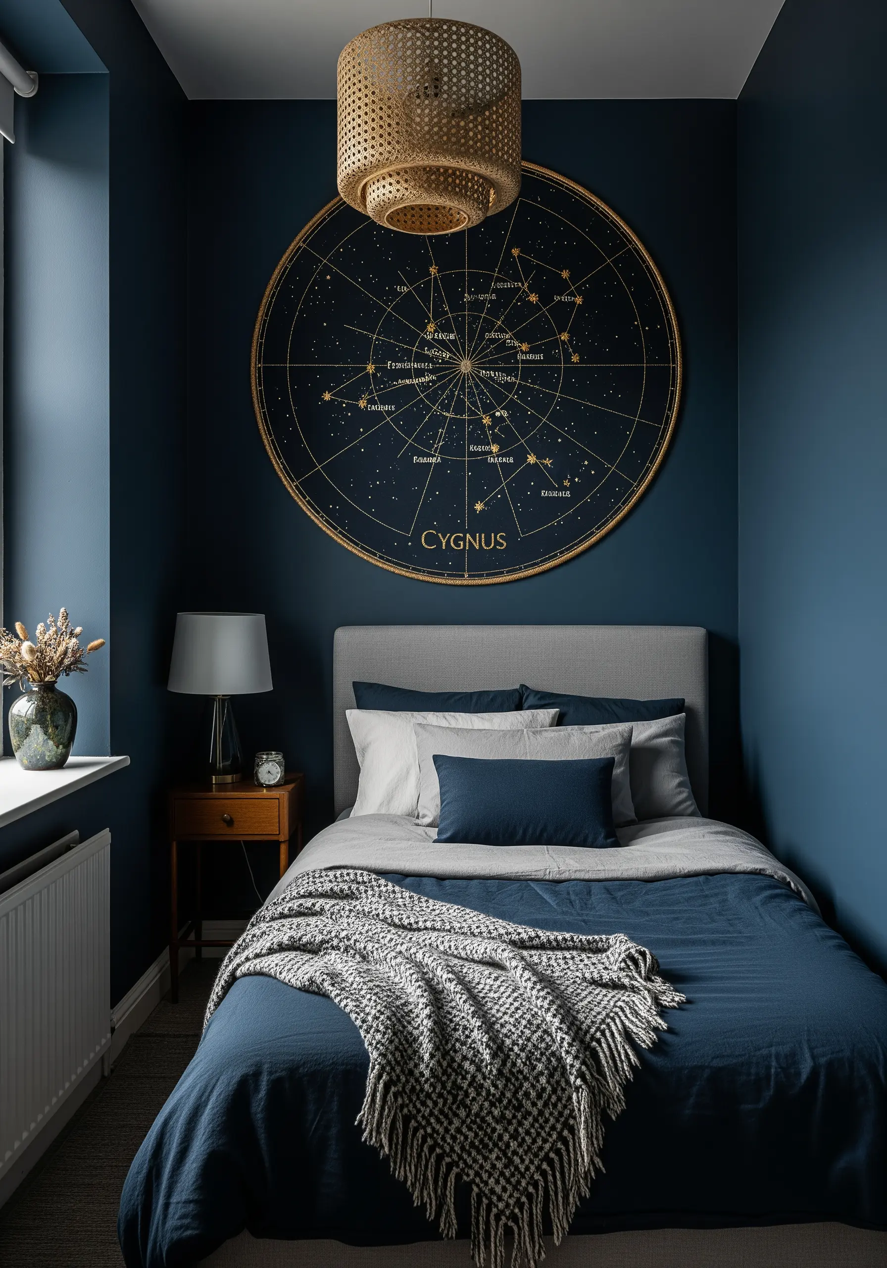 A large, round embroidered constellation map in gold thread on a dark blue background.