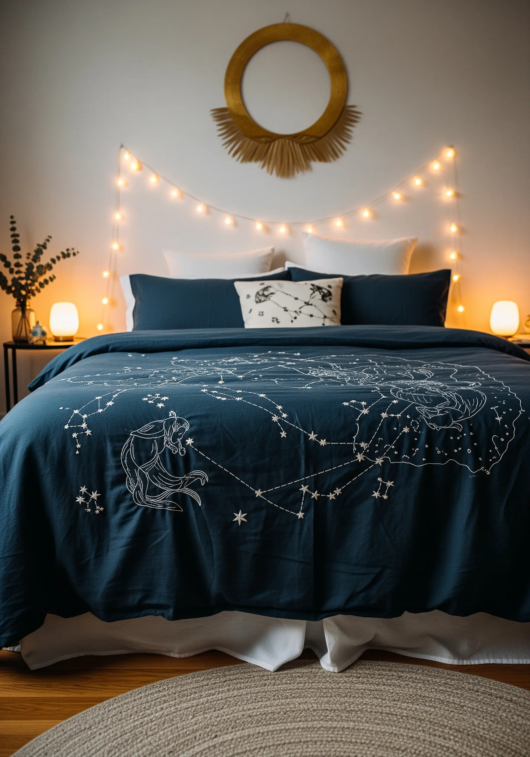 Zodiac constellations embroidered in white thread on a dark blue duvet cover.