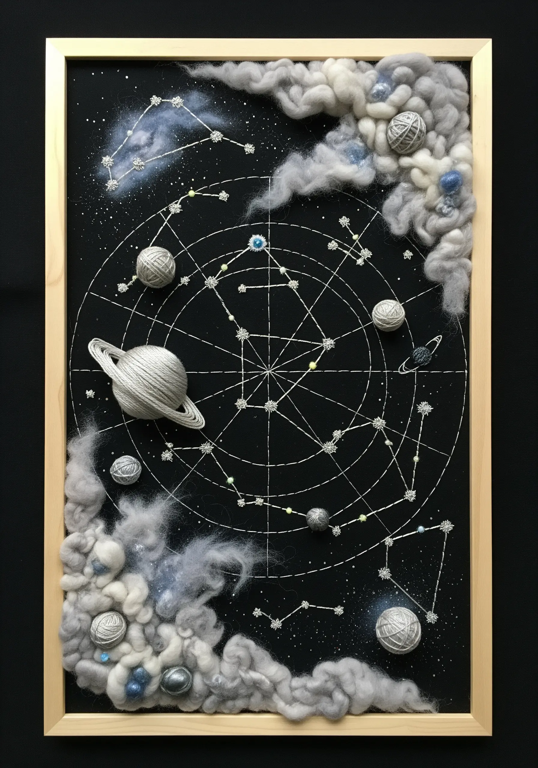 Framed celestial map with string art constellations, yarn-wrapped planets, and wool nebulae.