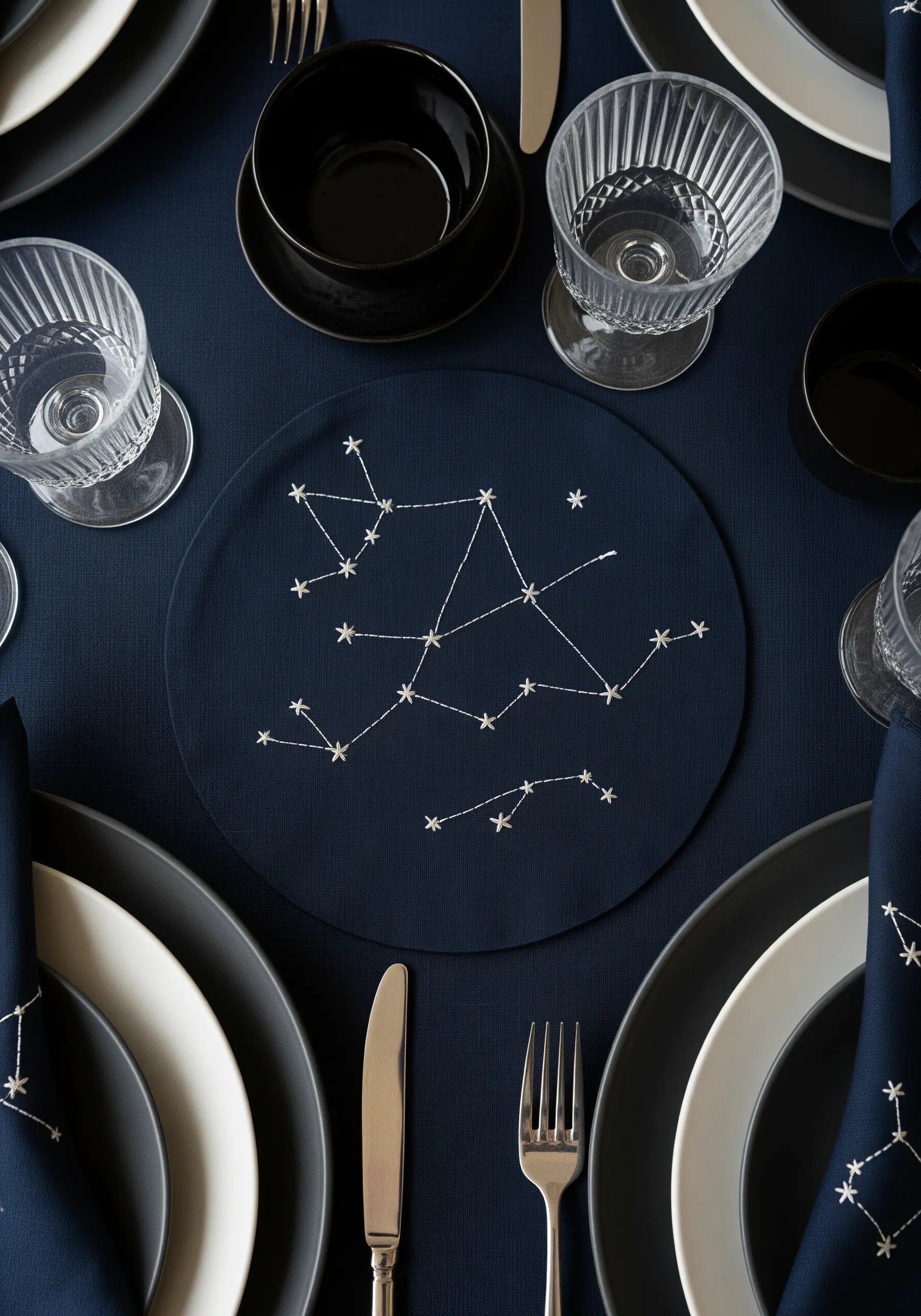 Embroidered constellation patterns with white thread on a navy blue placemat