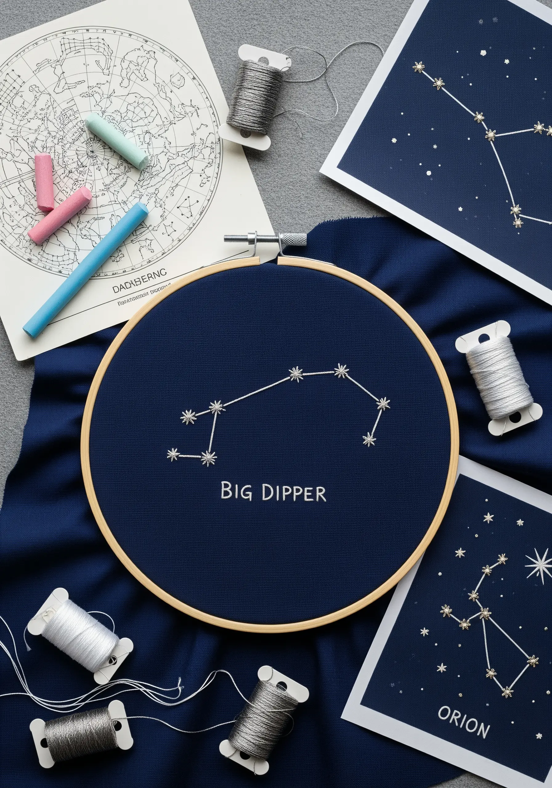 Big Dipper constellation embroidered in silver thread on dark navy blue fabric.