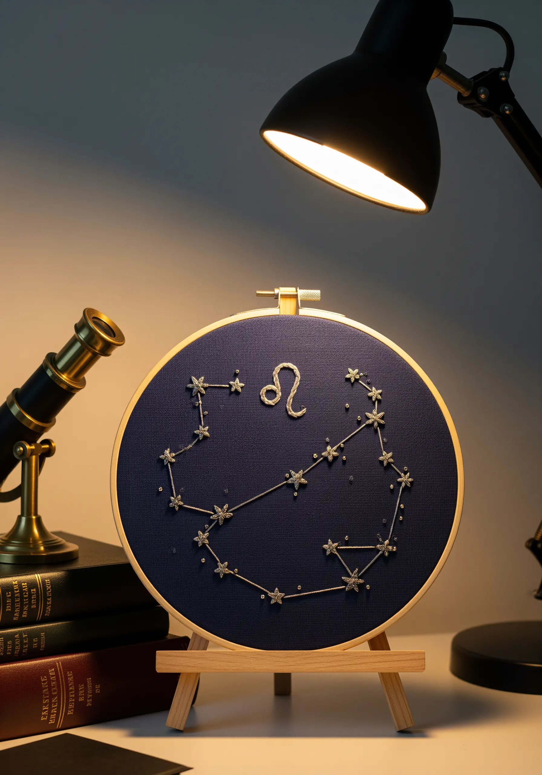 Leo zodiac constellation embroidered in silver thread on dark blue fabric.