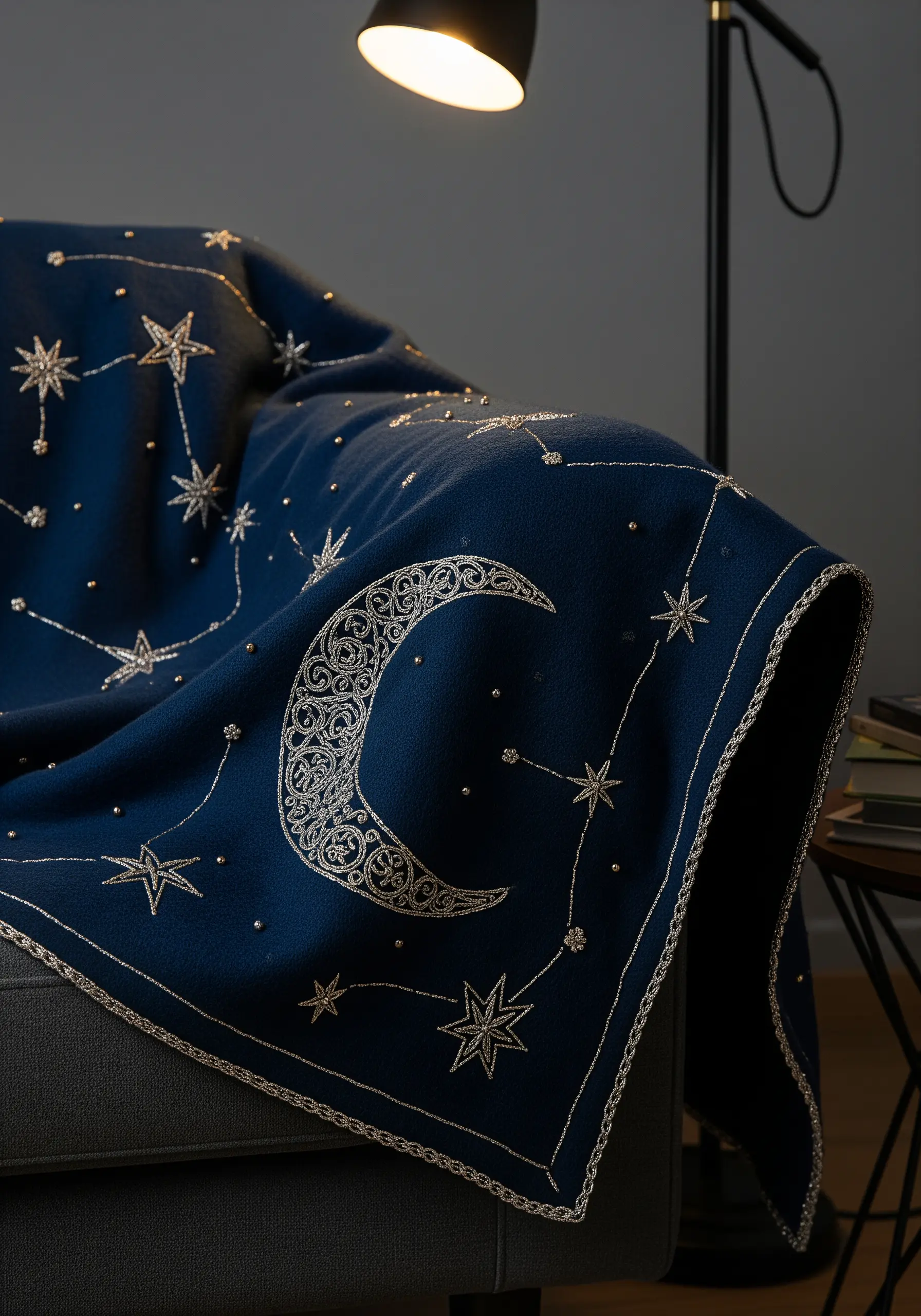 A dark blue throw blanket draped over a sofa, embroidered with a silver moon and stars.
