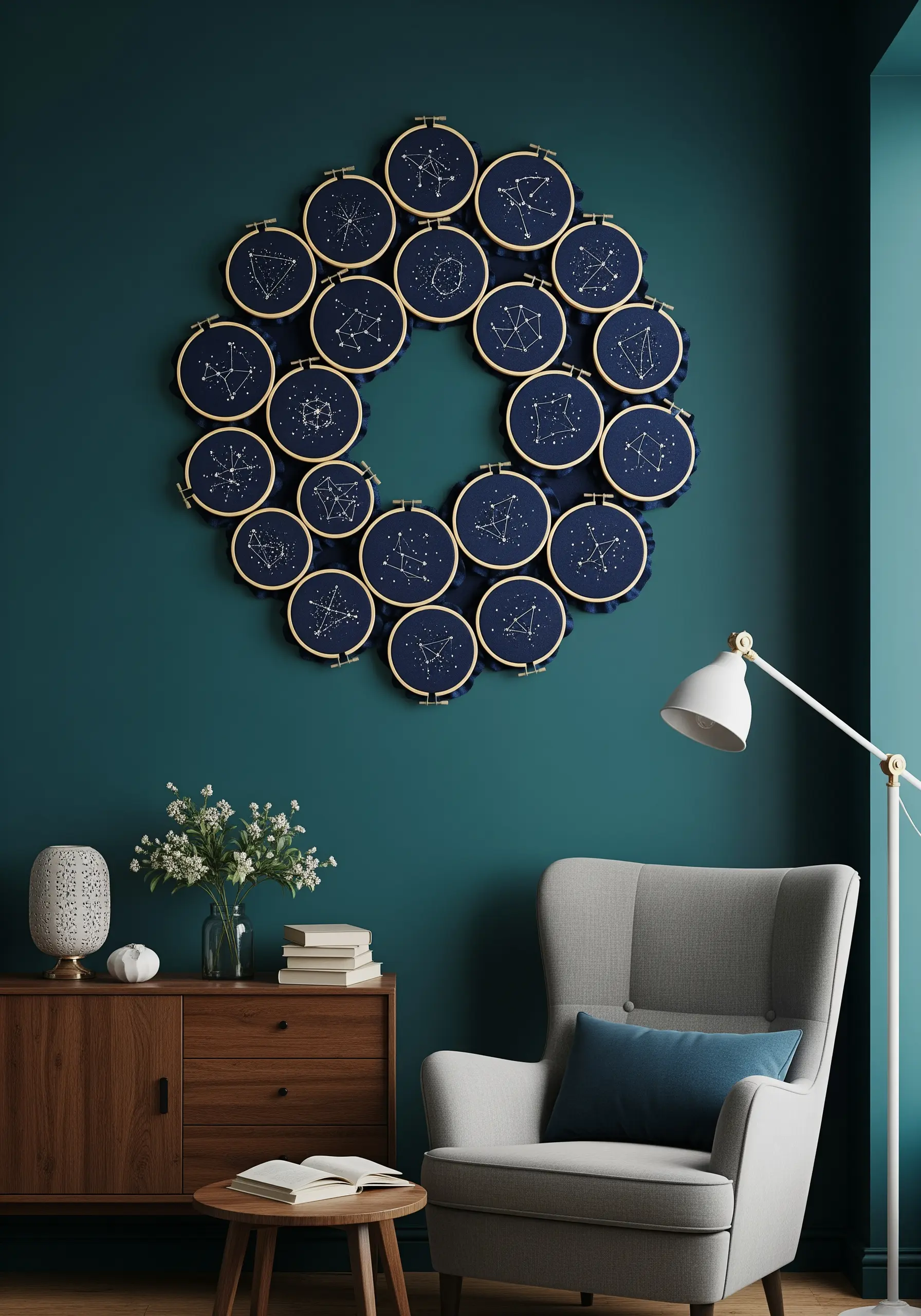 Constellation embroidery patterns on dark blue fabric hoops