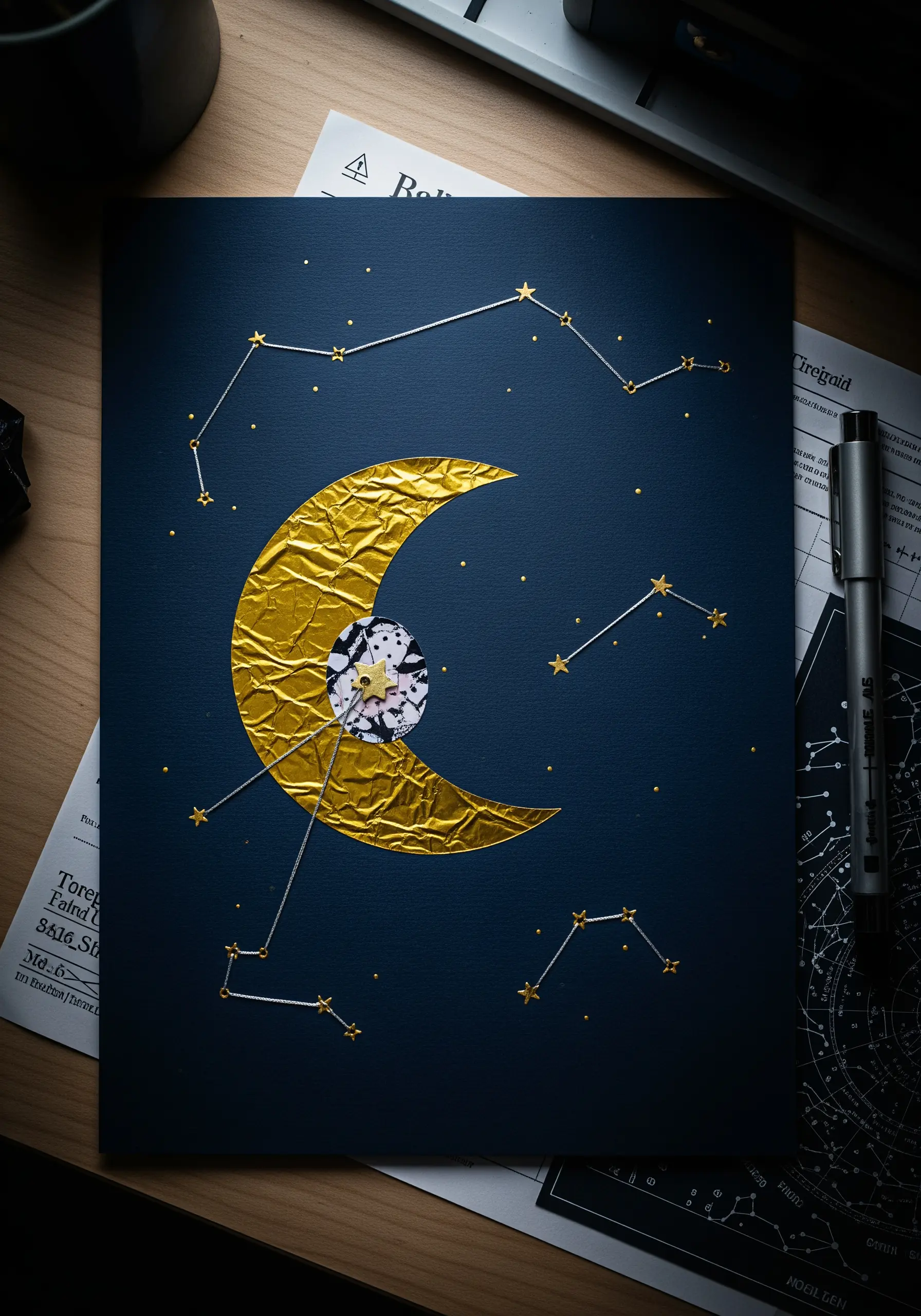 Gold foil moon and thread constellations on dark blue paper background