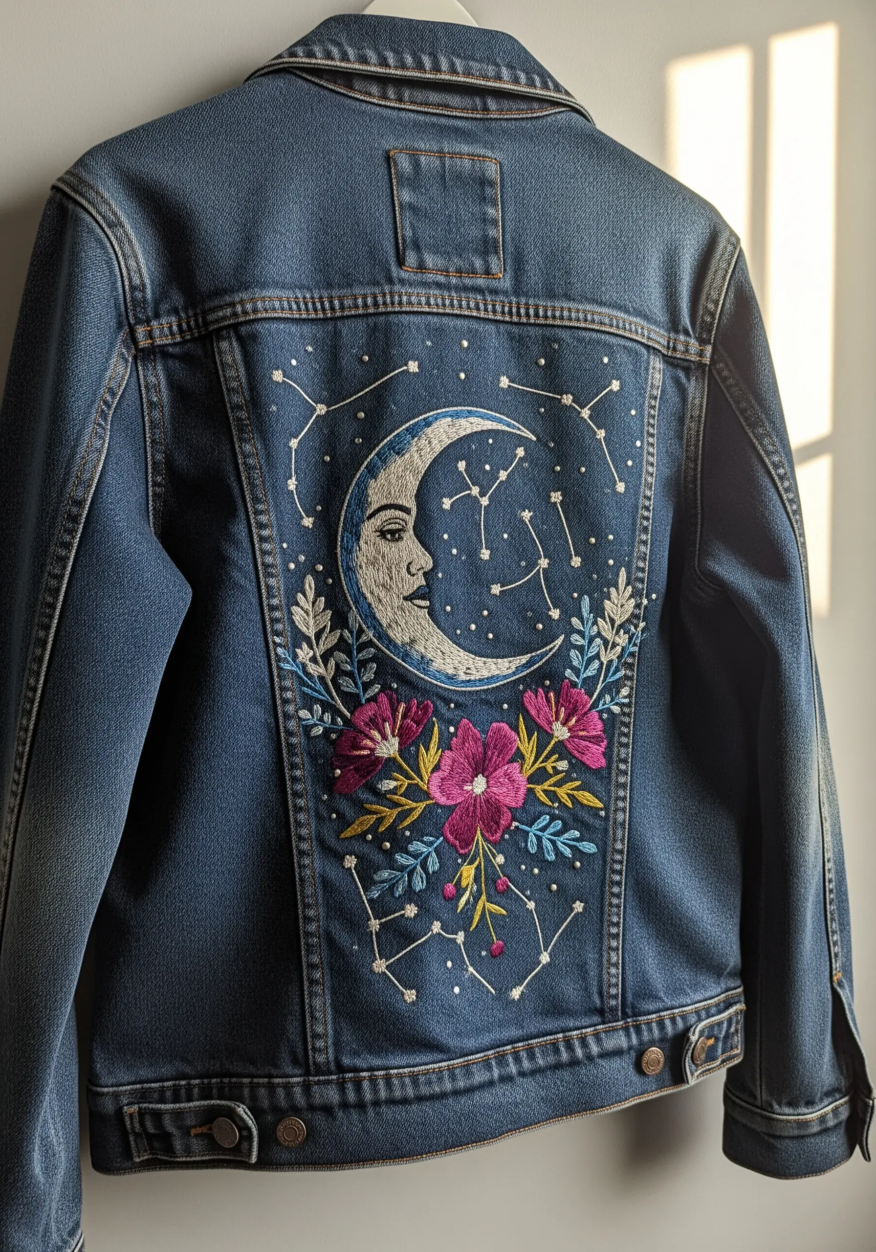Hand-embroidered celestial moon and floral design on the back of a denim jacket.