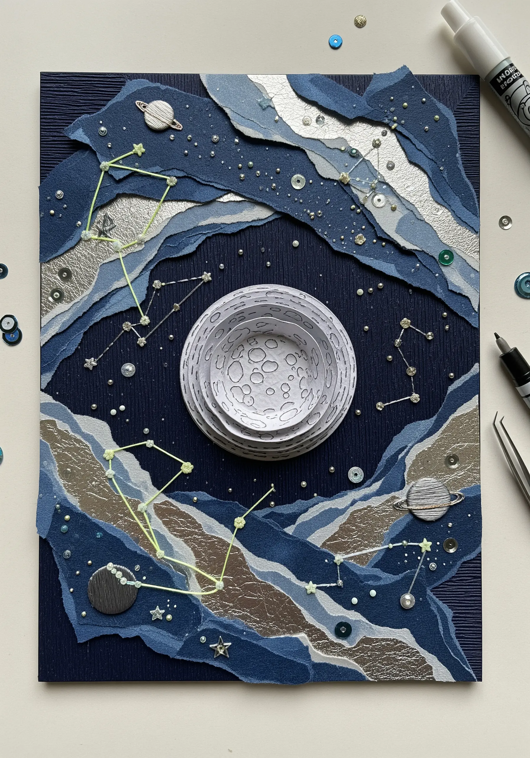 A celestial embroidery collage with a 3D padded moon, layered fabrics, and stitched constellations.
