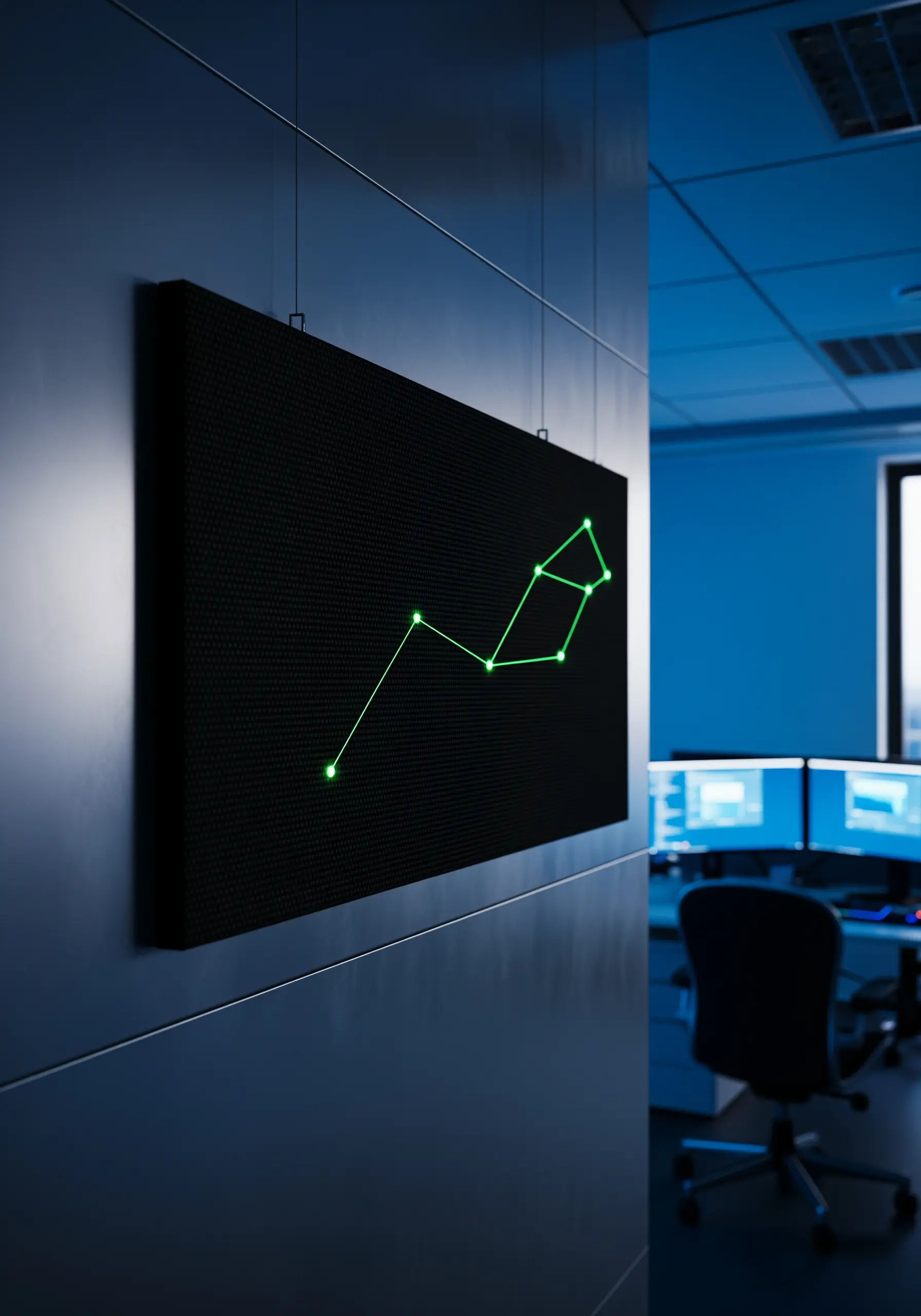 A glowing green constellation stitched onto a large black panel in a modern office.