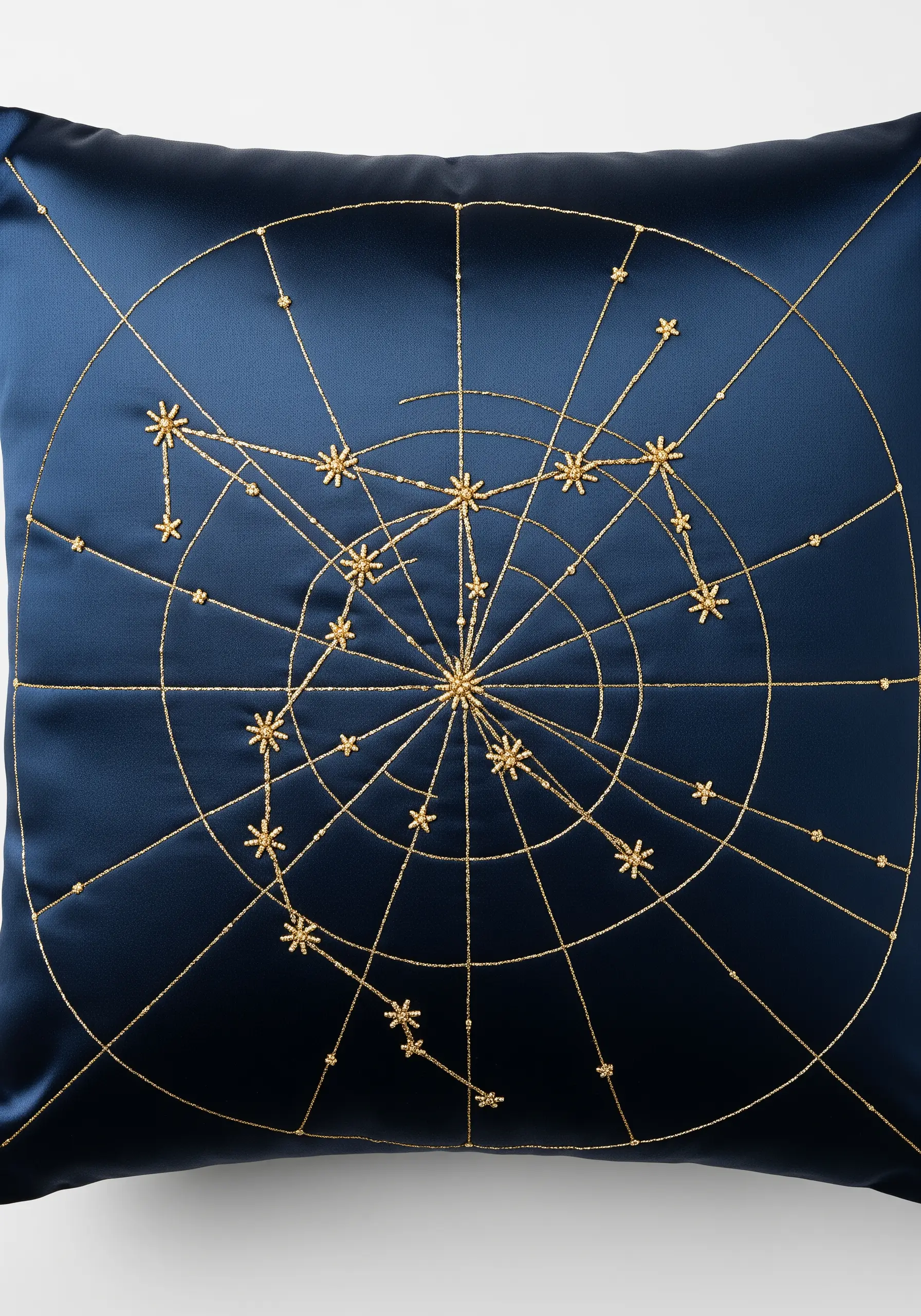 Gold thread constellation pattern with French knot stars on navy satin.