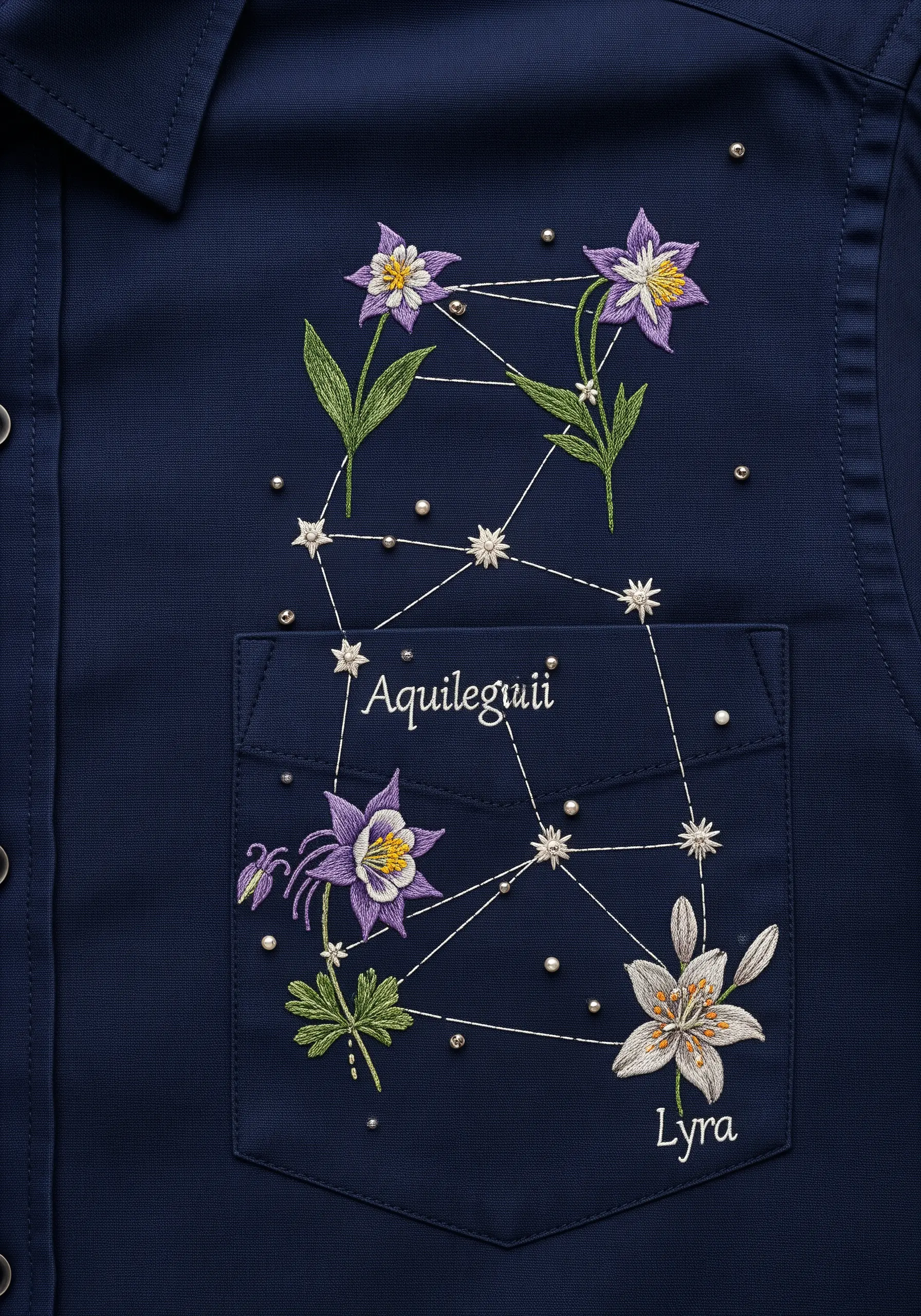 A floral constellation map with columbine flowers and star stitches on a navy shirt.