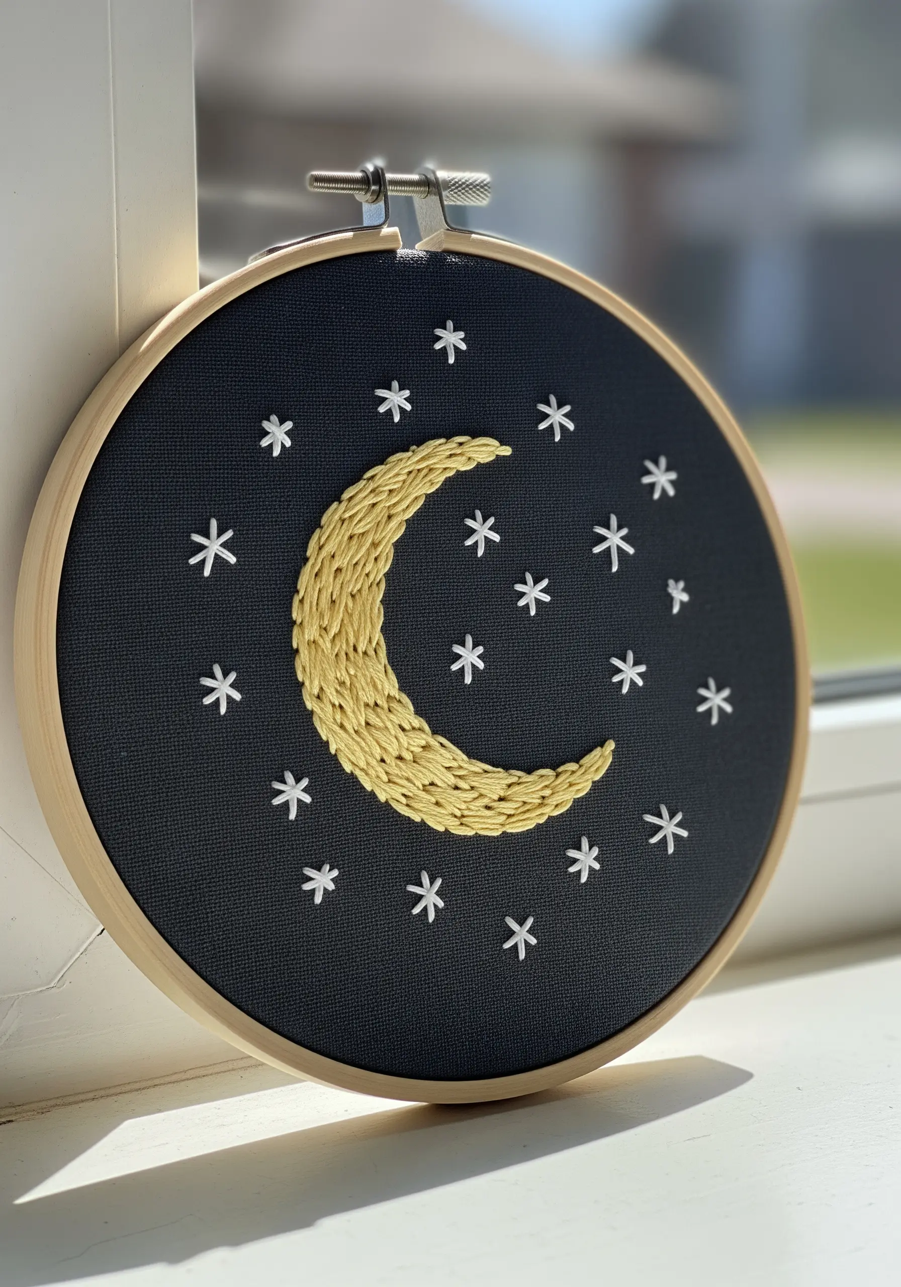 A crescent moon filled with curved yellow satin stitch, surrounded by white stars.