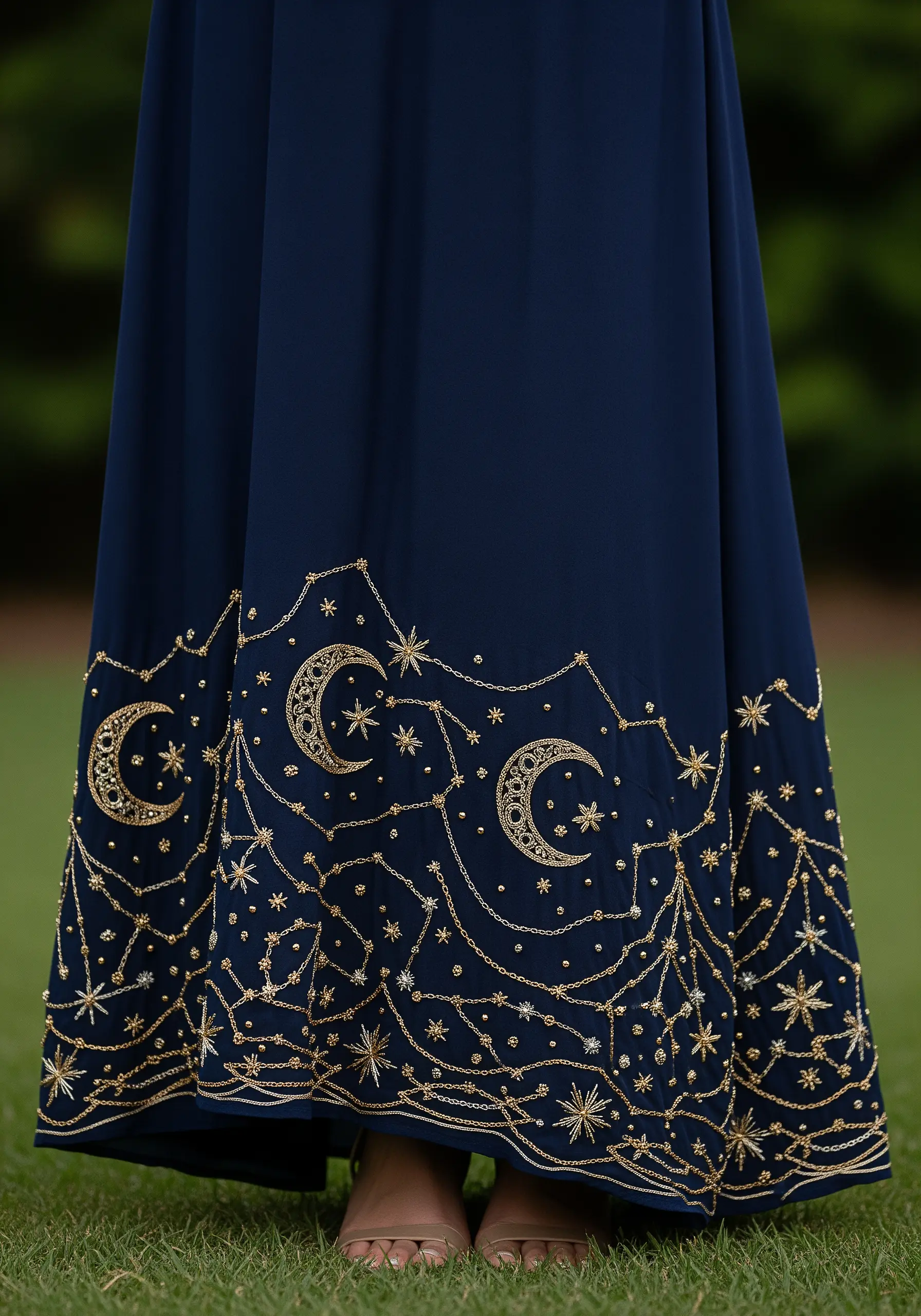 Navy dress hem with gold embroidered moons stars and draped chains