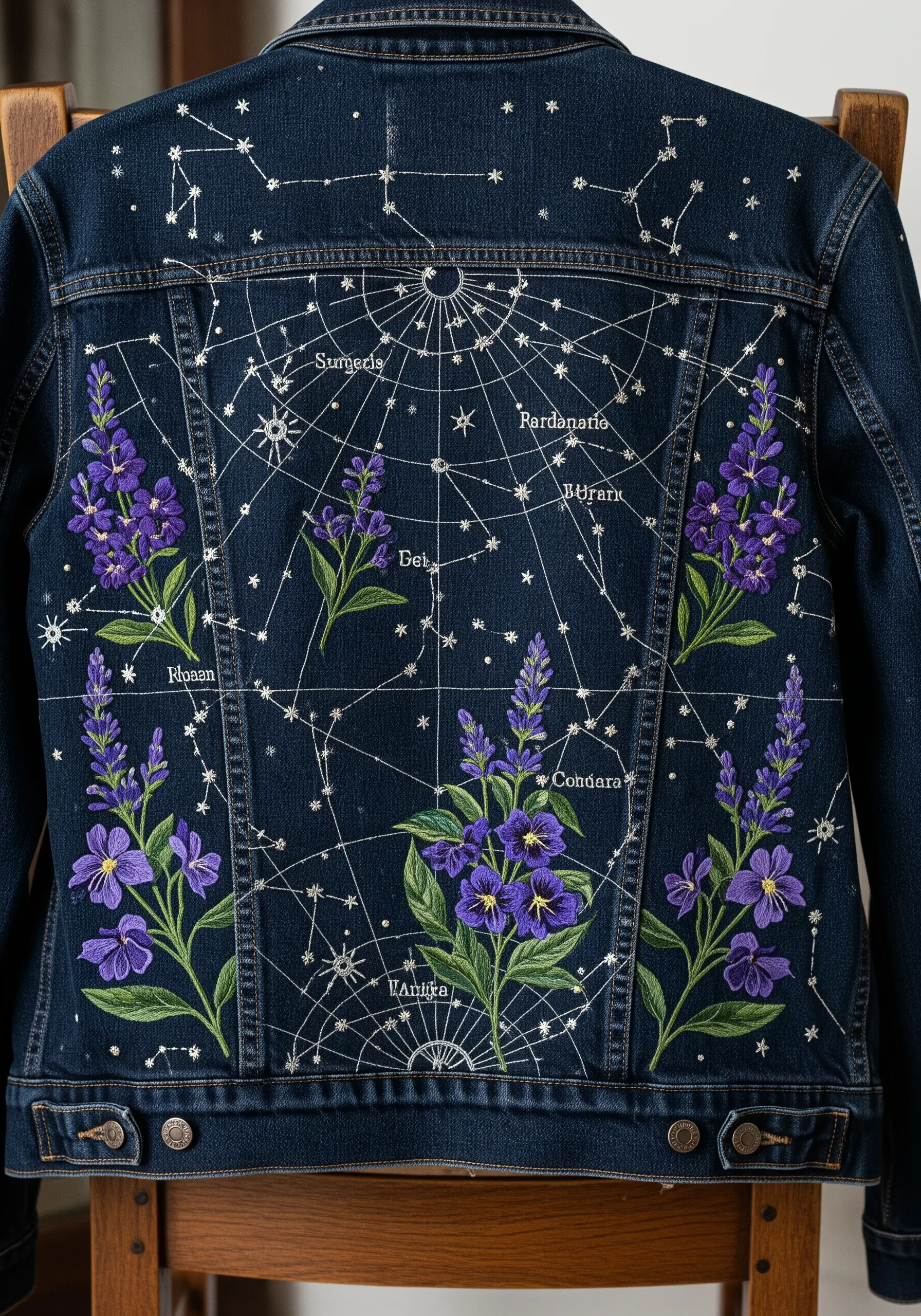 Embroidered lavender and constellations on the back of a denim jacket.