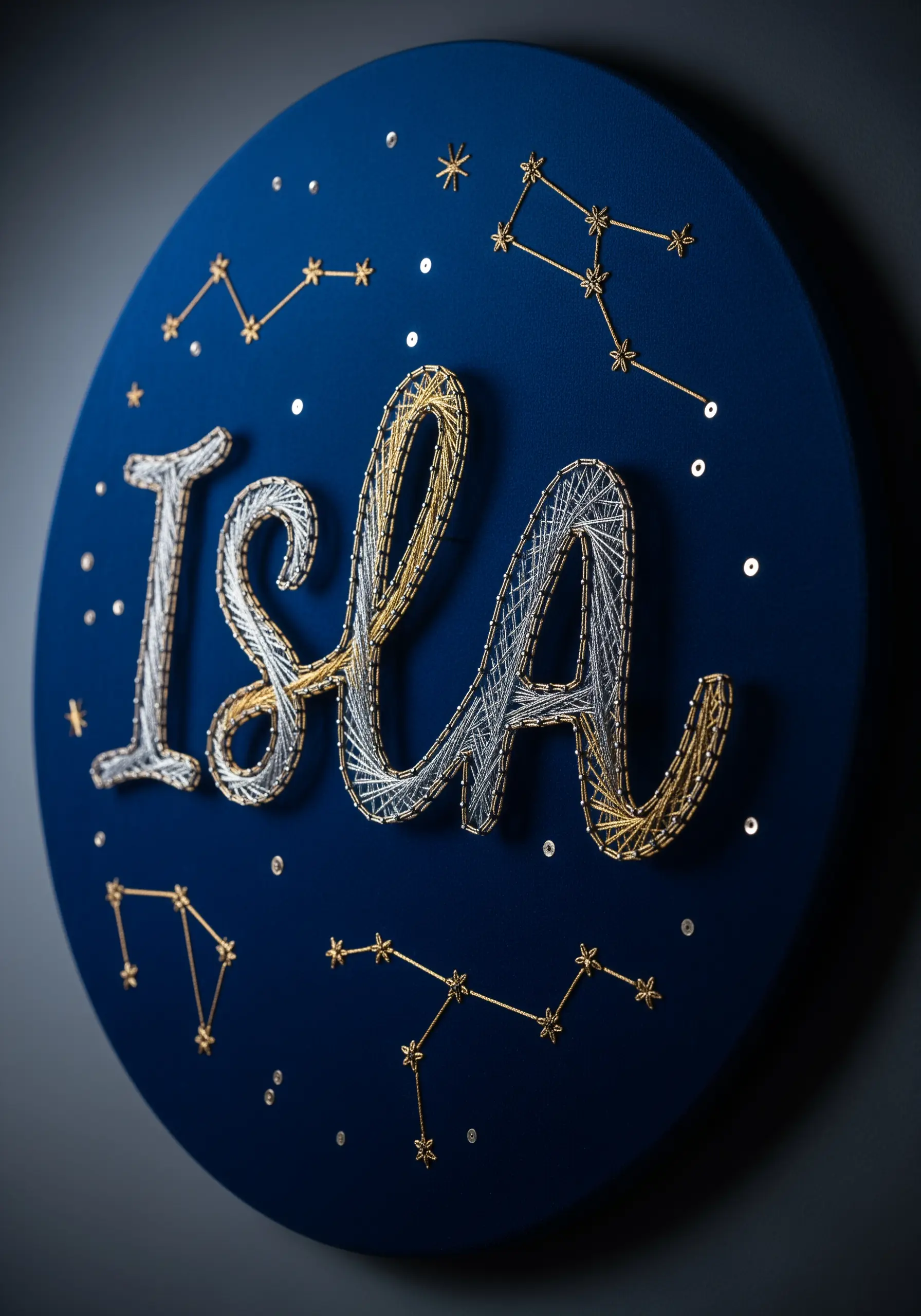 Cursive lettering in silver and gold metallic thread with small constellation motifs.