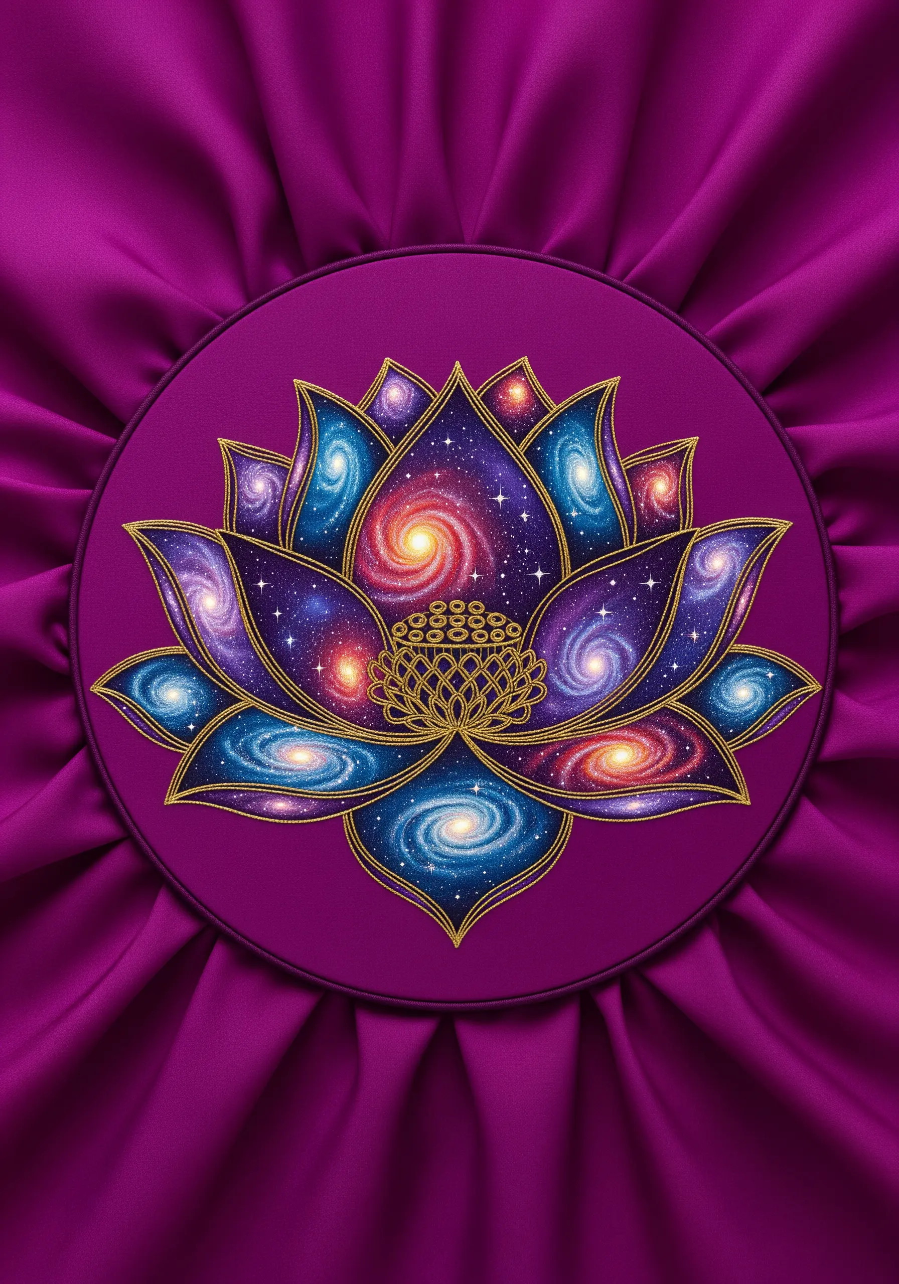 A lotus flower outlined in gold thread, with each petal filled with a swirling galaxy pattern.