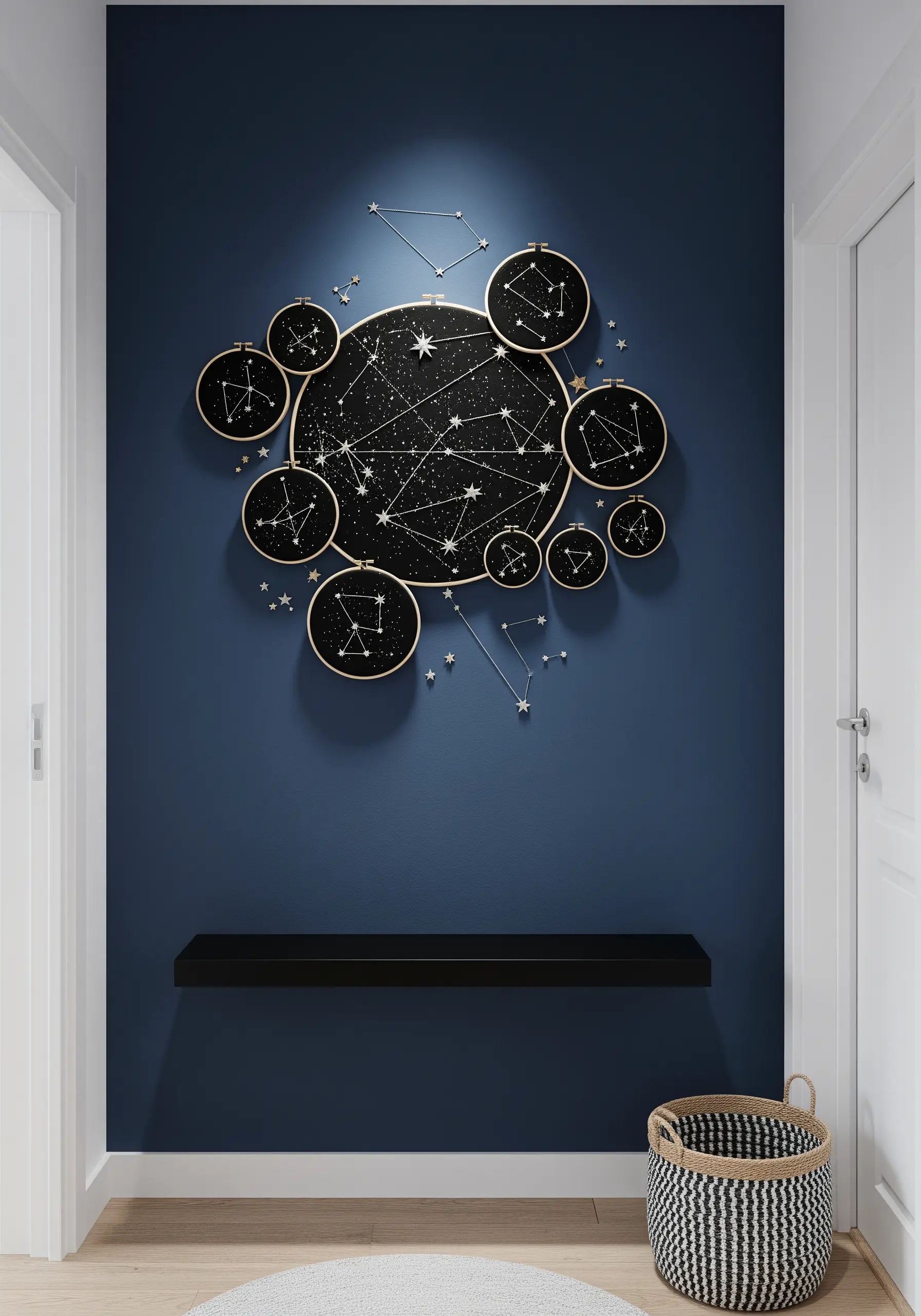 A large installation of various-sized embroidery hoops on a blue wall depicting constellations.